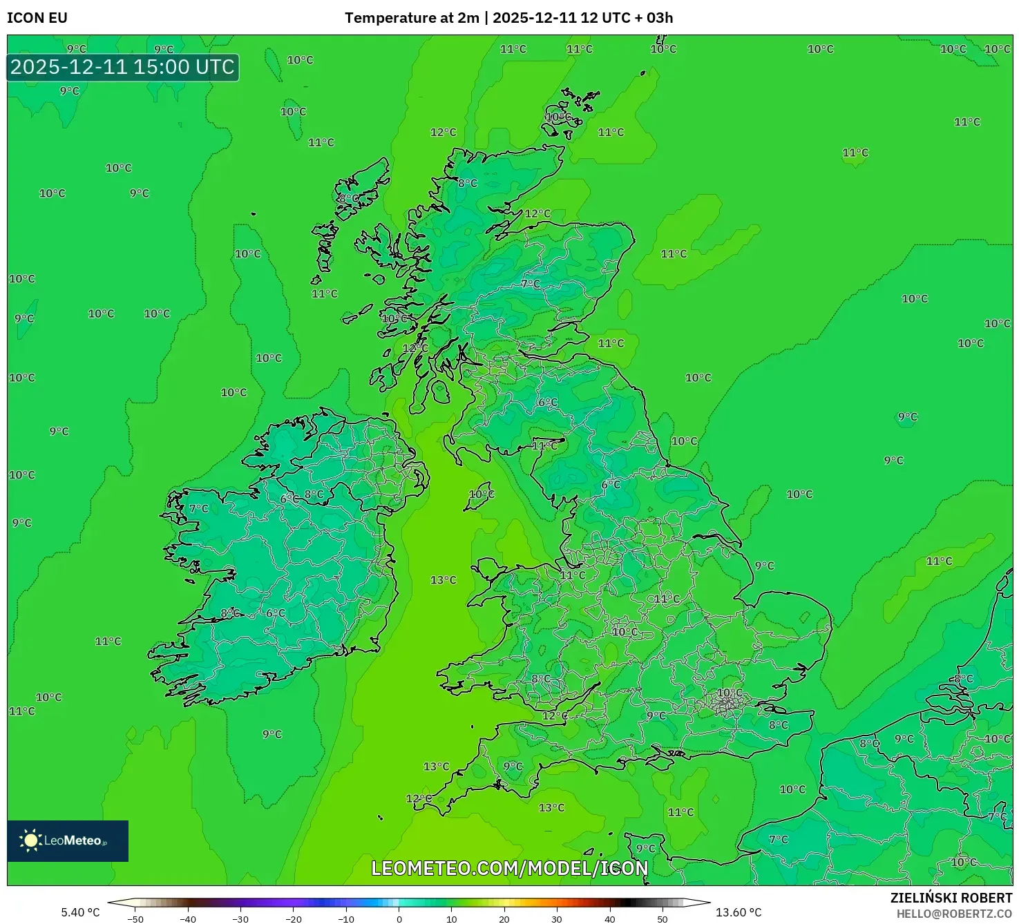 ICON model - United Kingdom, Temperature at 2m