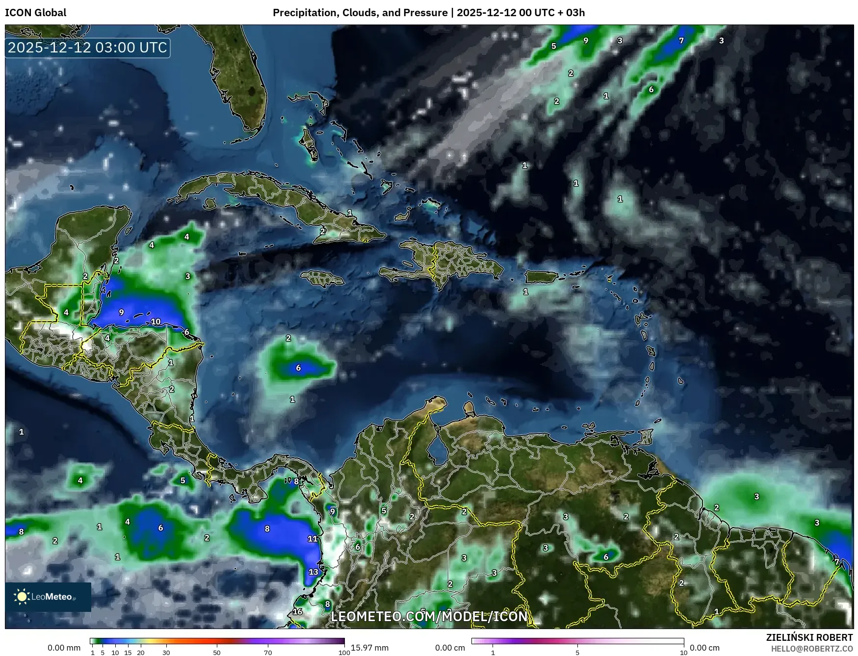 ICON model - Karibia, Hujan, Awan dan Tekanan