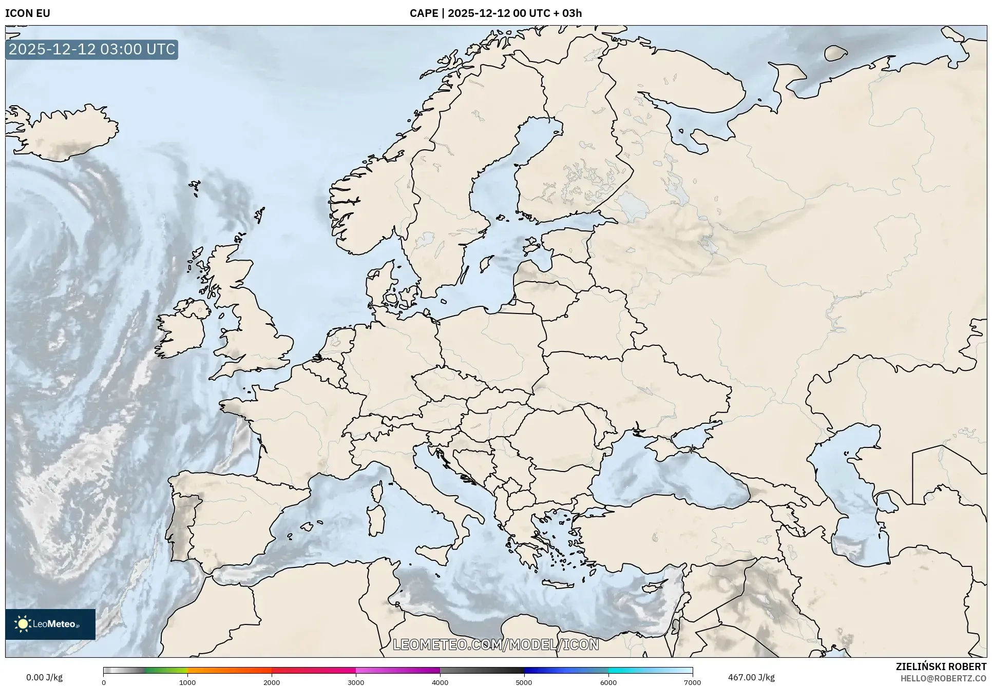 ICON model - Eropah, CAPE