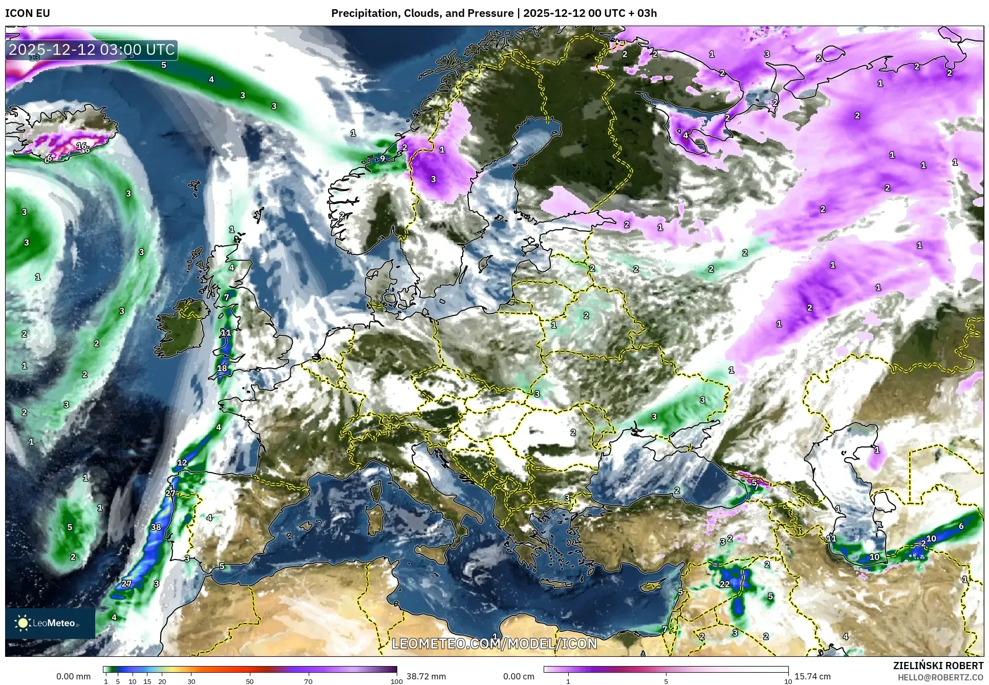 ICON model - Eropah, Hujan, Awan dan Tekanan