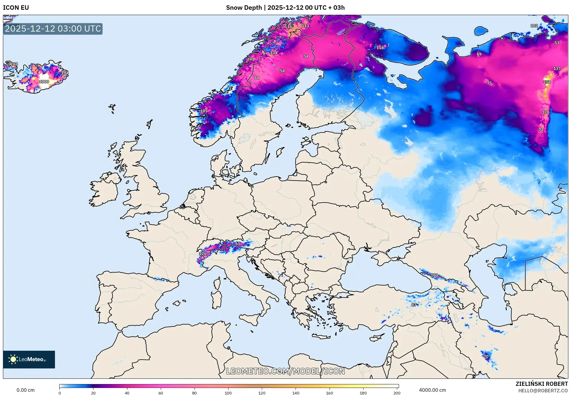 ICON model - Eropah, Ketebalan Salji