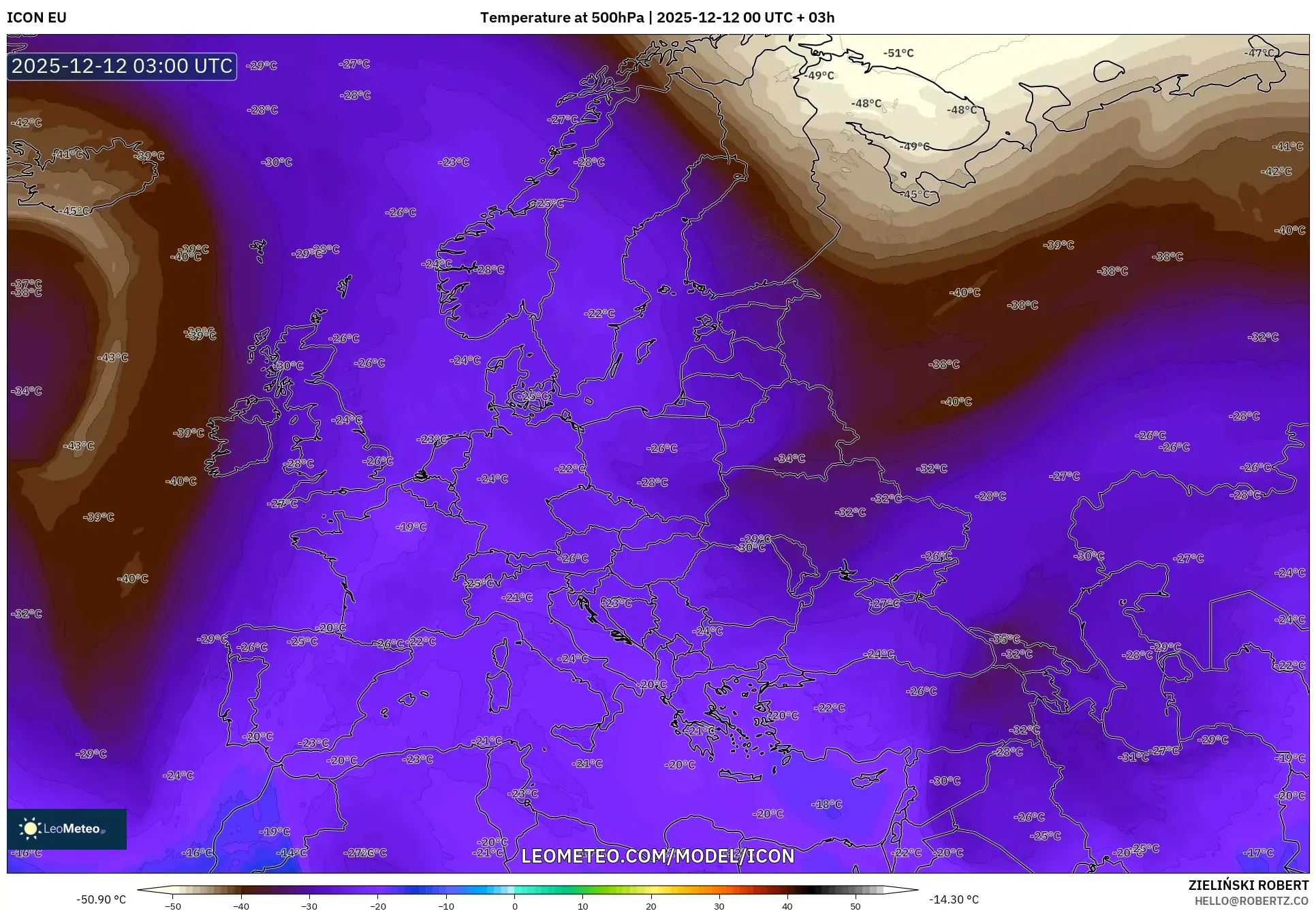 ICON model - Europe, Temperature at 500hPa