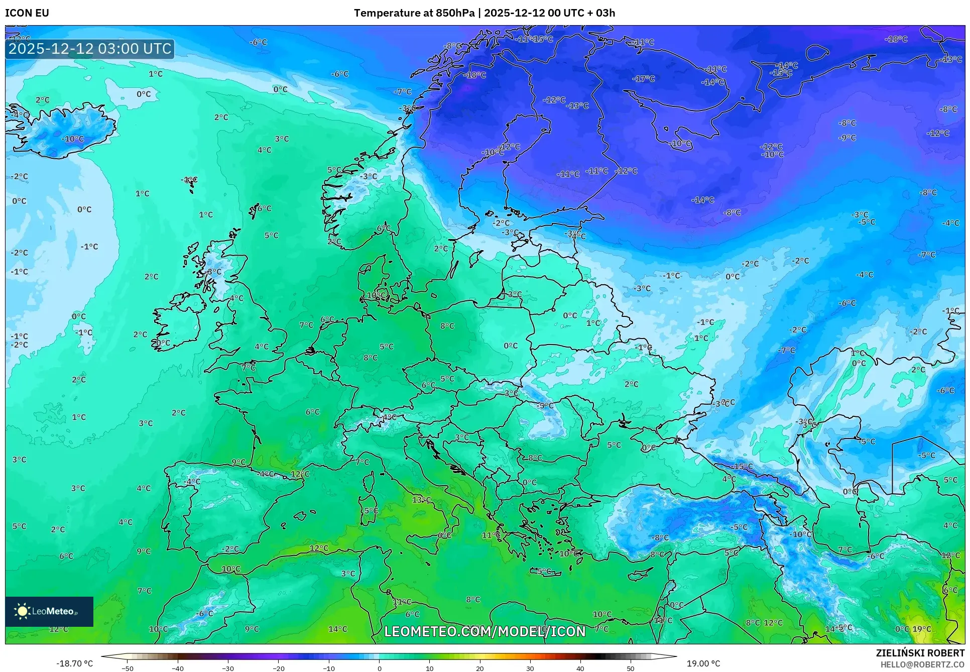 ICON model - Eropah, Suhu 850 hPa