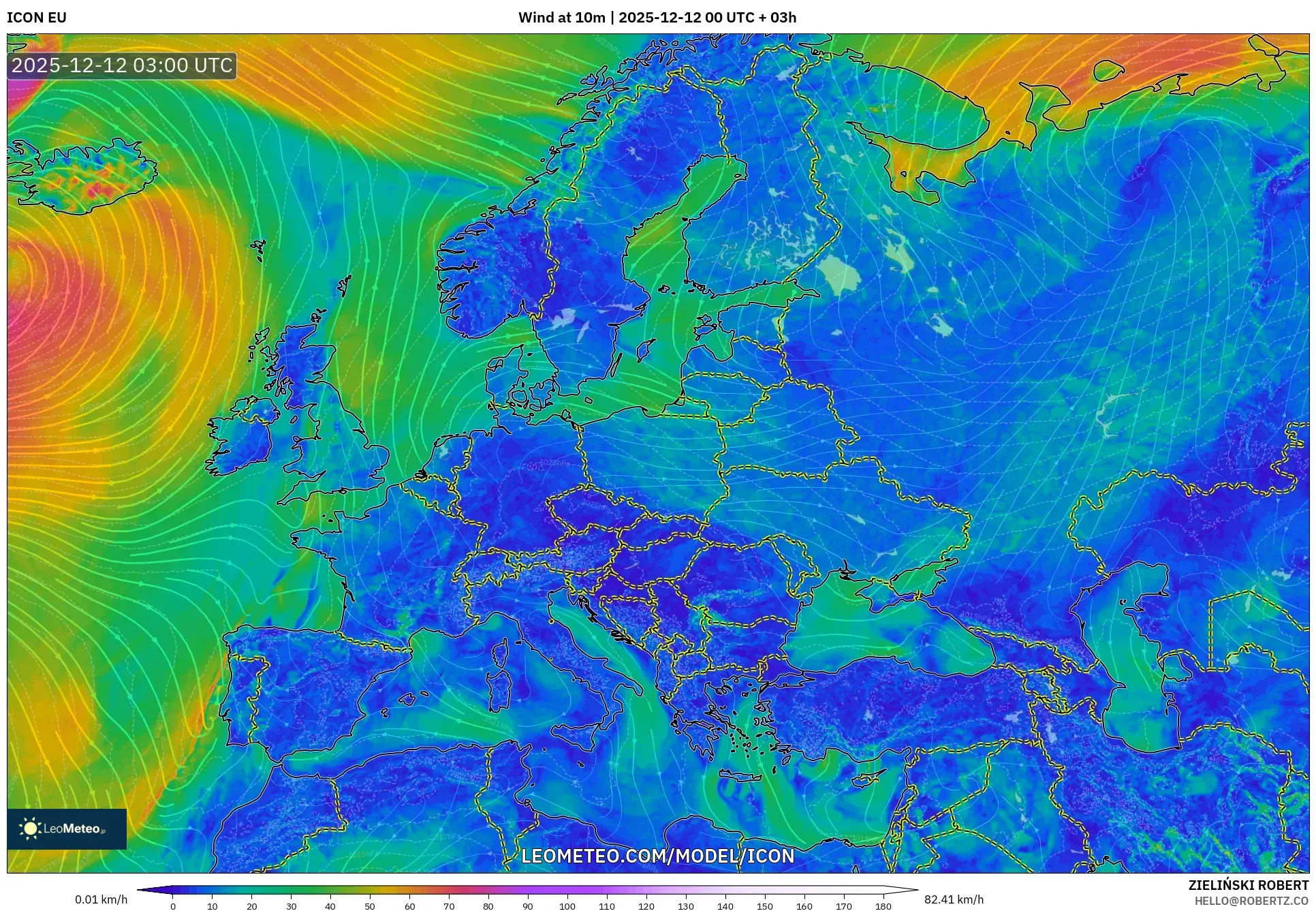 ICON model - Eropah, Angin 10 m