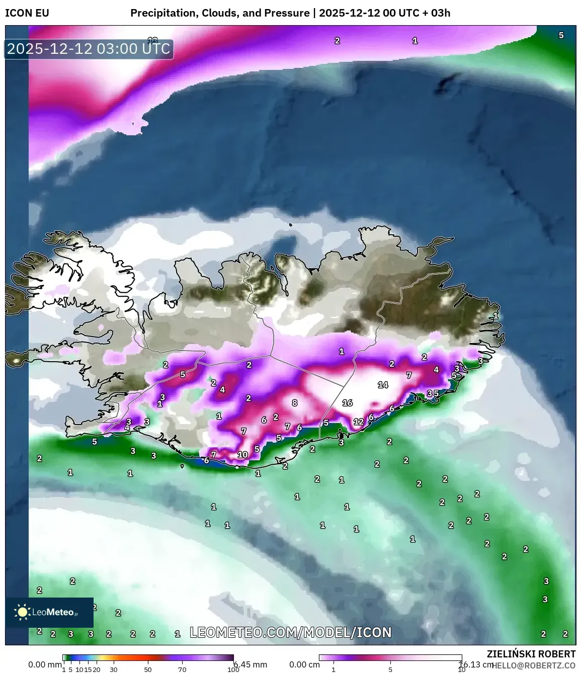ICON model - Iceland, Hujan, Awan dan Tekanan