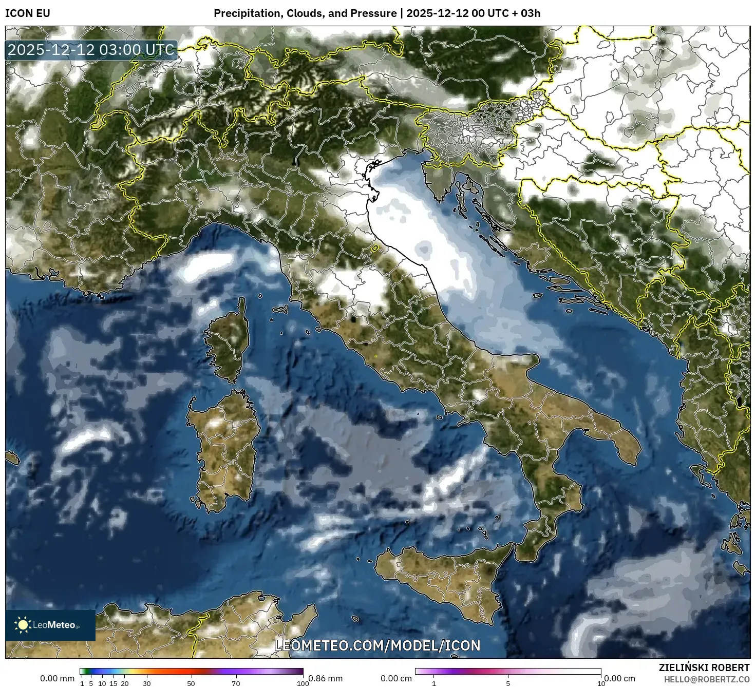 ICON model - Itali, Hujan, Awan dan Tekanan