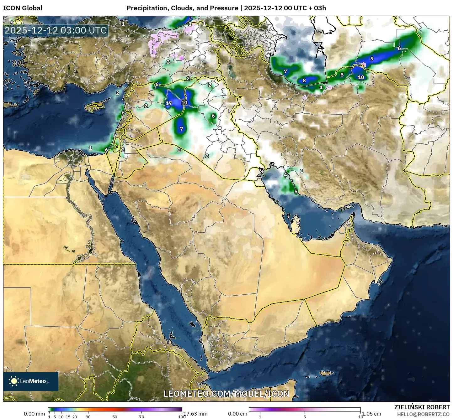 ICON model - Timur Tengah, Hujan, Awan dan Tekanan