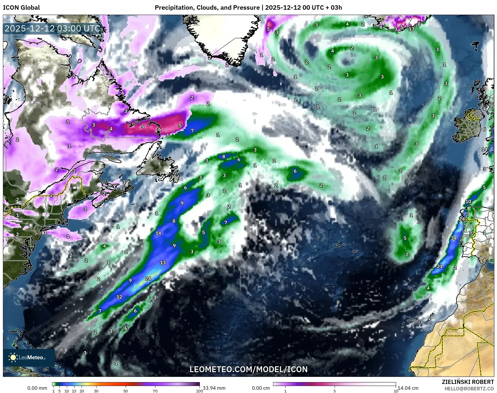 ICON model - Atlantik Utara, Hujan, Awan dan Tekanan