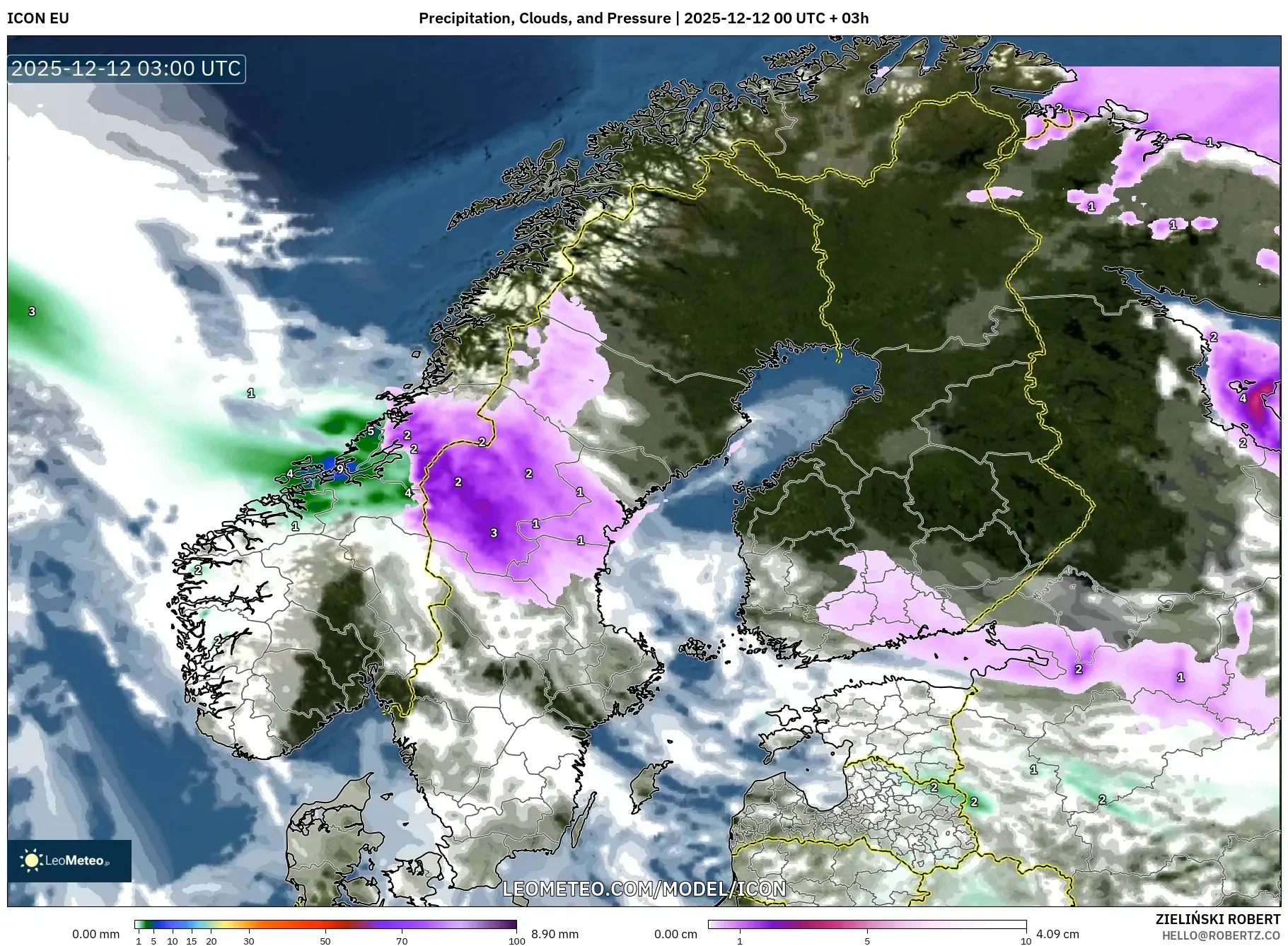 ICON model - Skandinavia, Hujan, Awan dan Tekanan