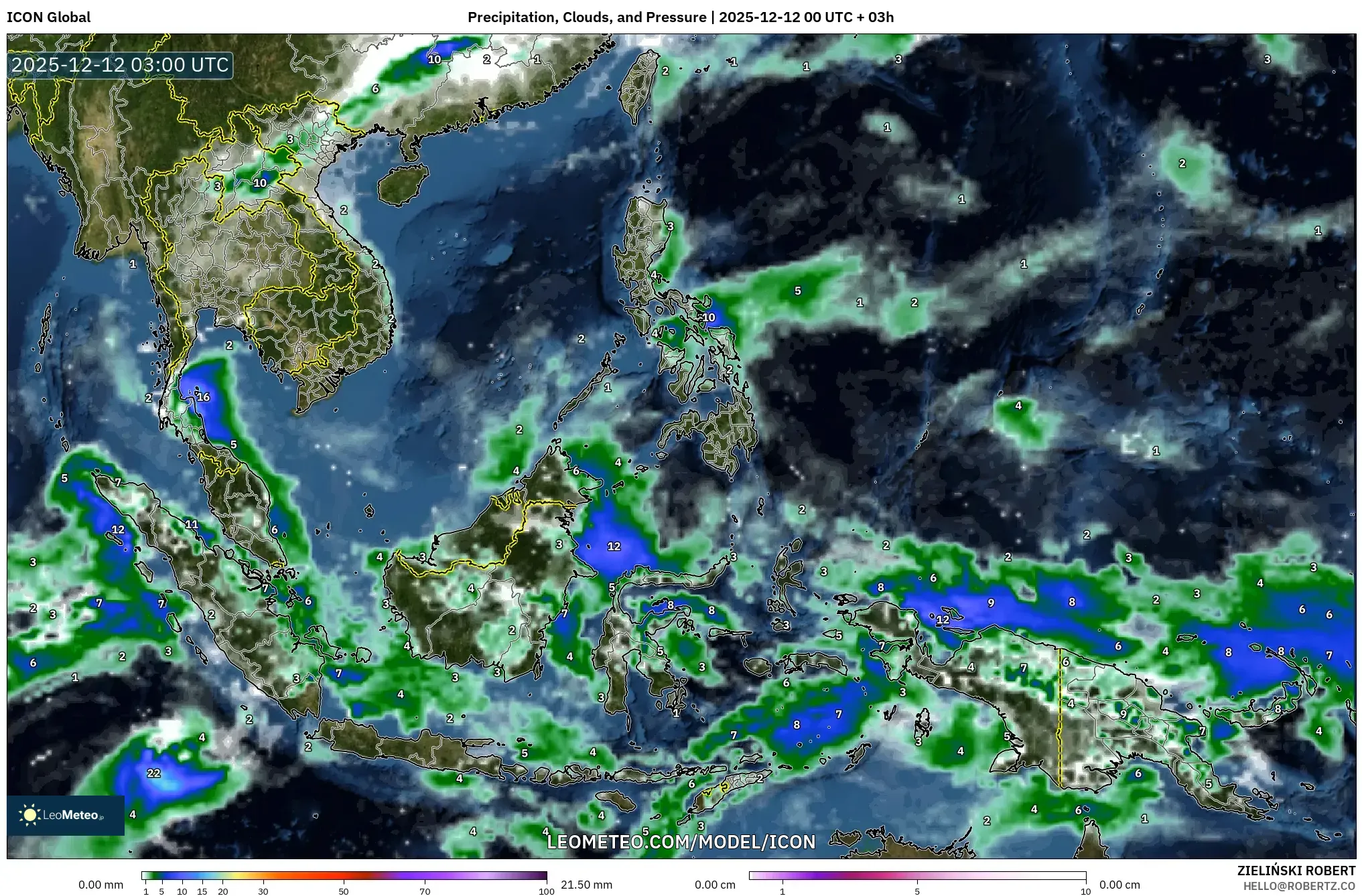 ICON model - Asia Tenggara, Hujan, Awan dan Tekanan