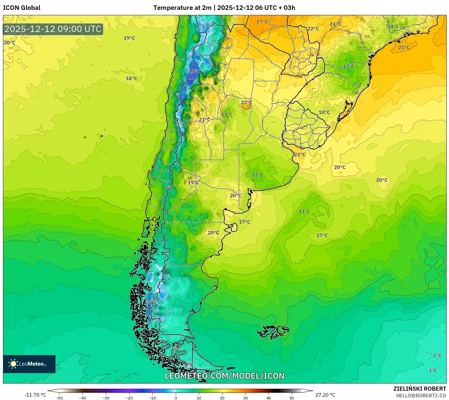 ICON model - Argentina, Suhu pada 2 m