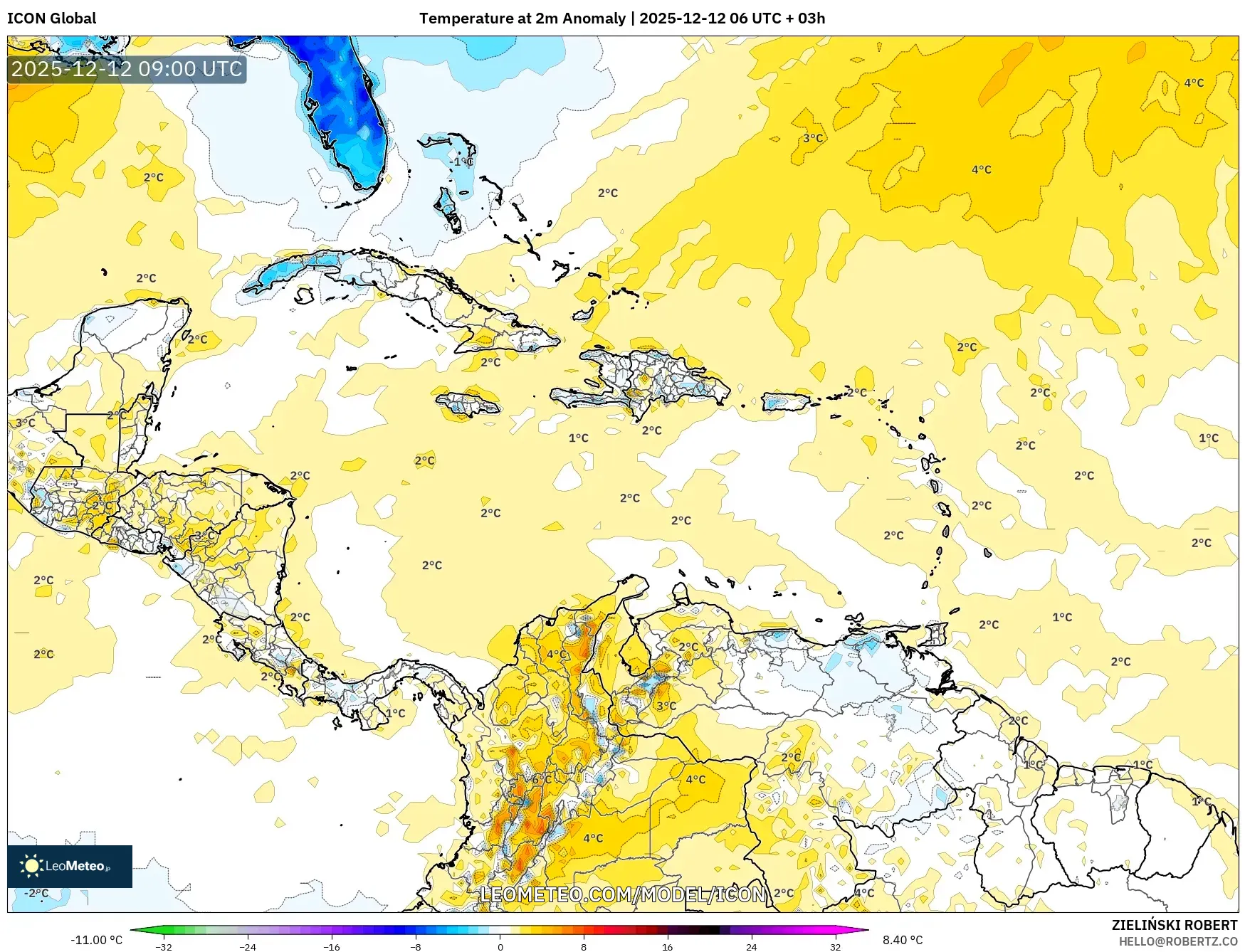 ICON model - Karibia, Anomali Suhu 2 m