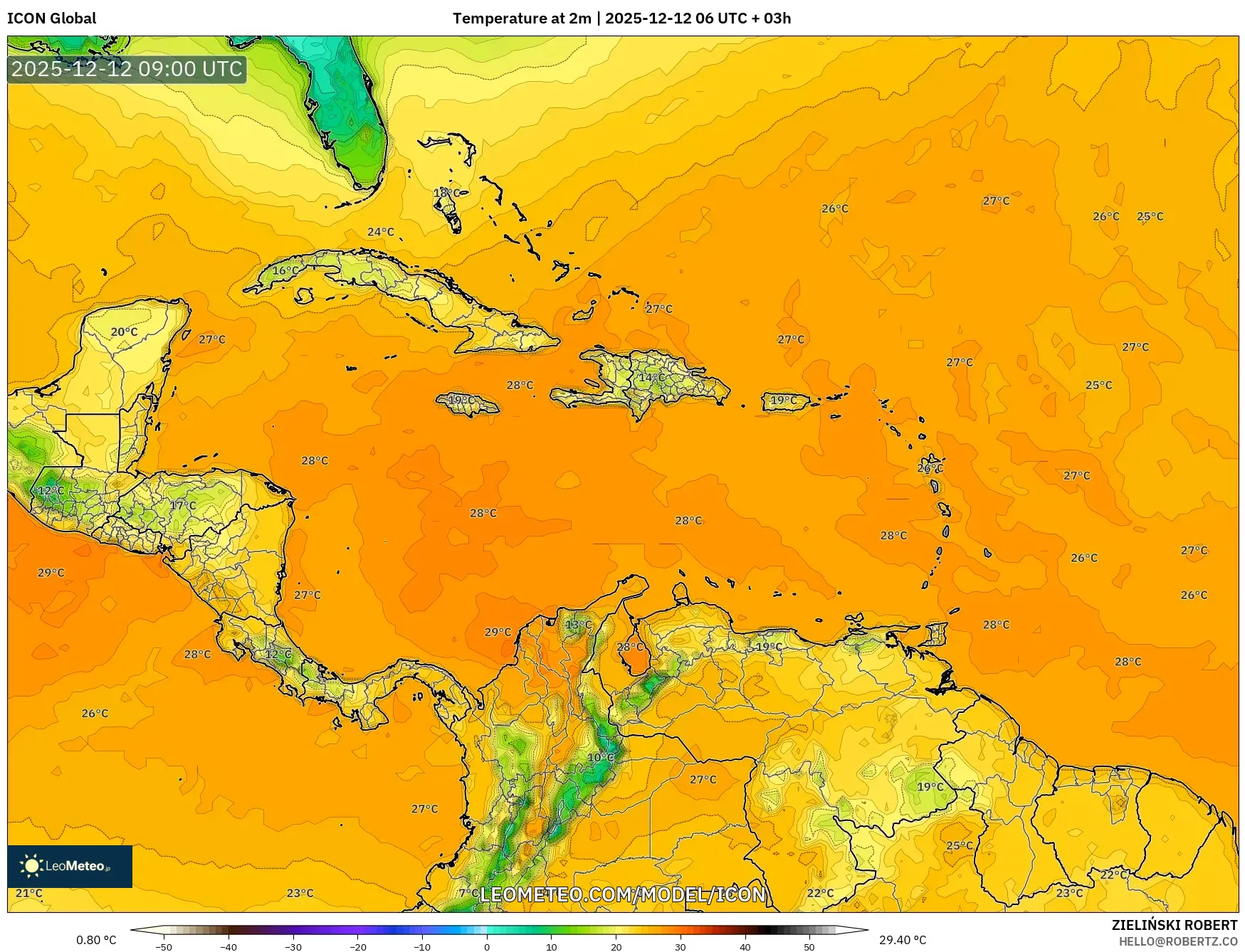 ICON model - Karibia, Suhu pada 2 m