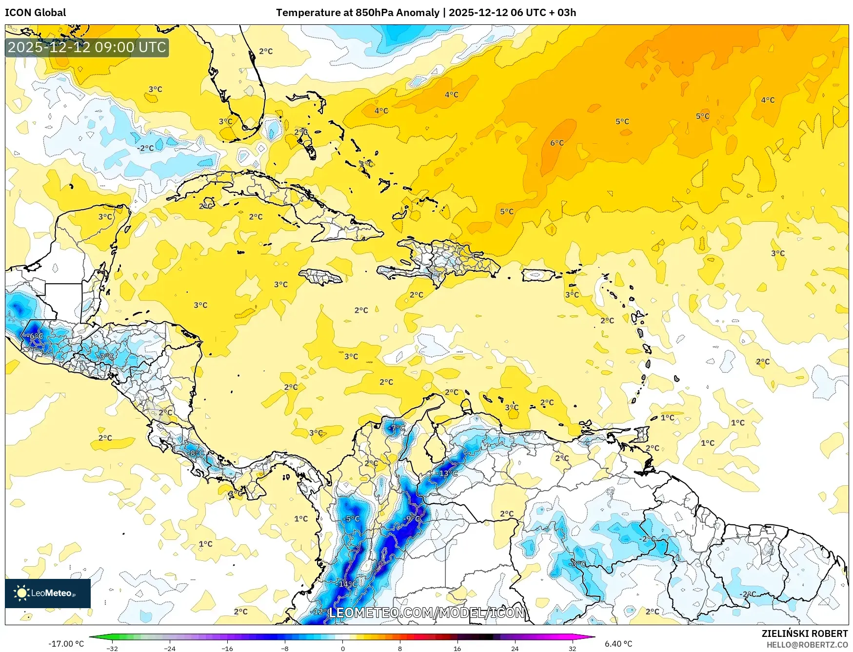 ICON model - Karibia, Anomali Suhu 850 hPa