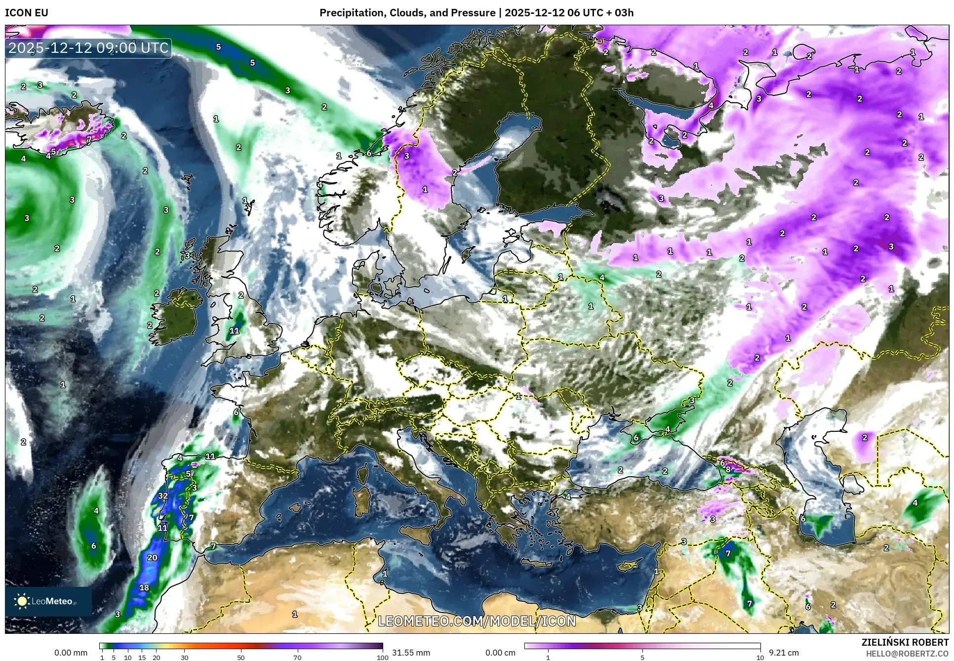 ICON model - Eropah, Hujan, Awan dan Tekanan