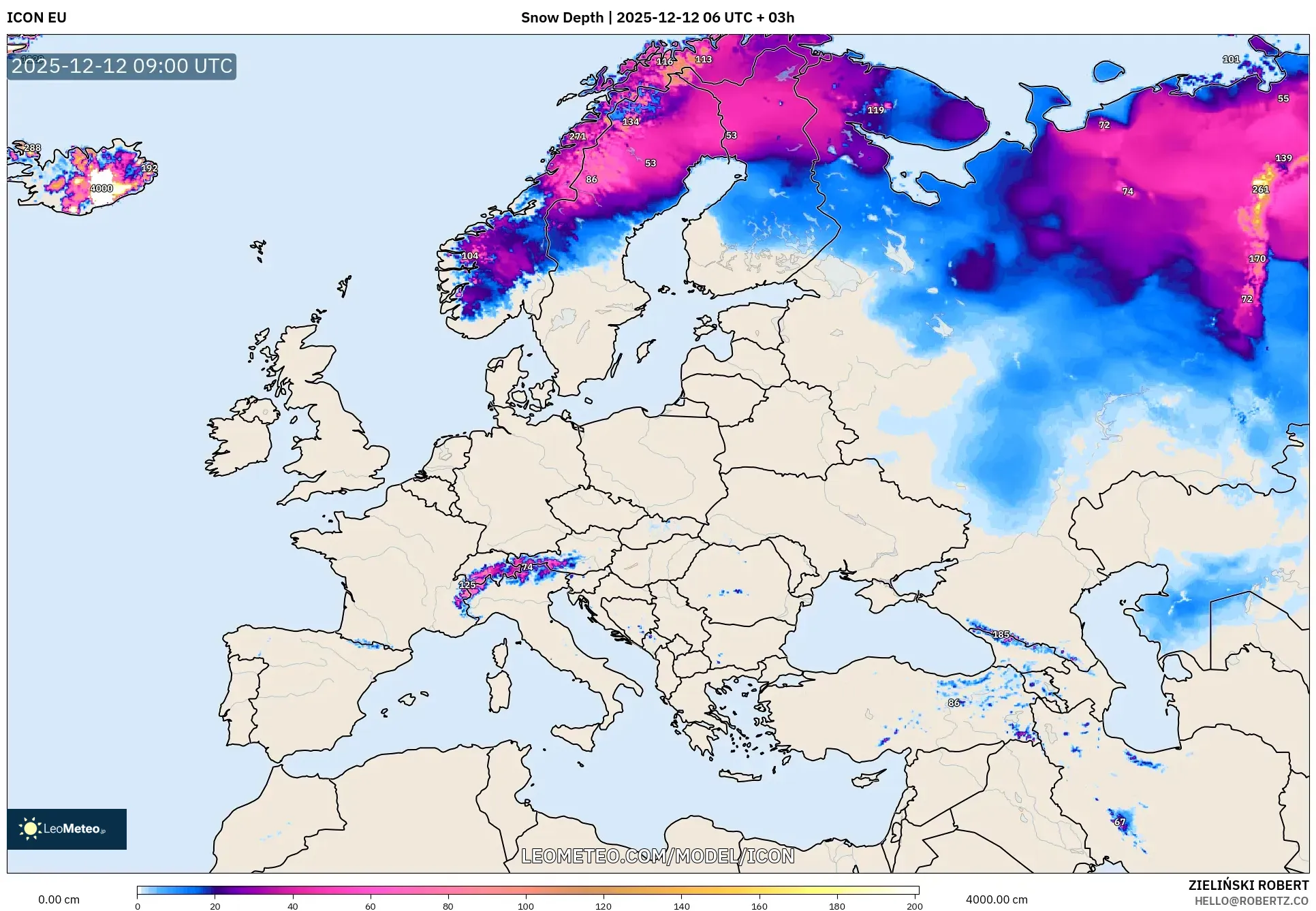 ICON model - Eropah, Ketebalan Salji