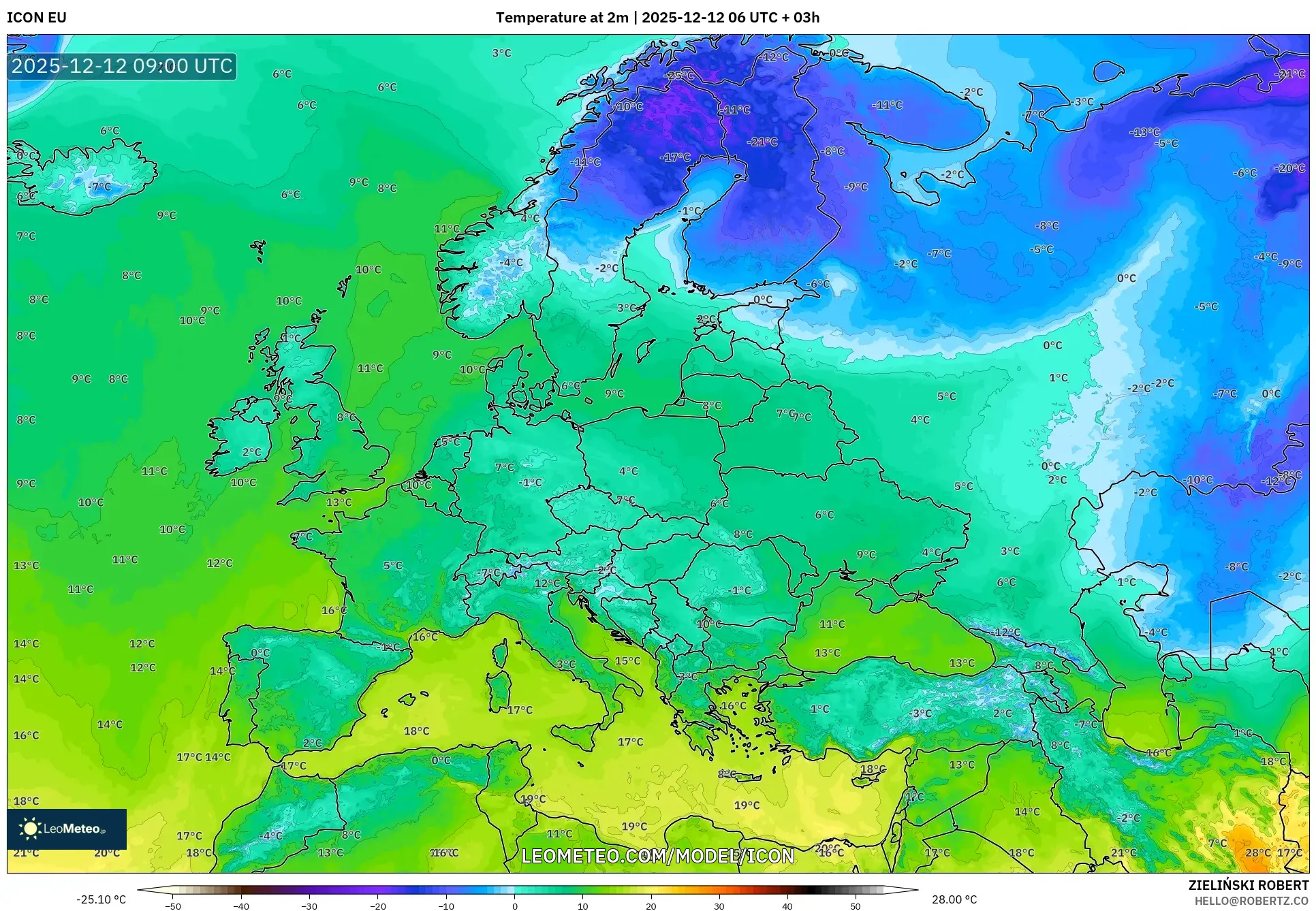 ICON model - Eropah, Suhu pada 2 m
