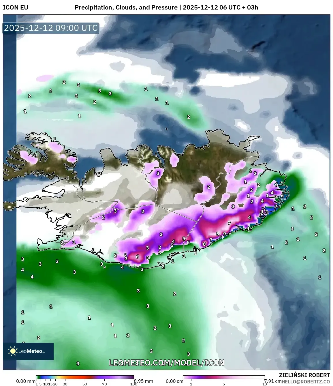 ICON model - Iceland, Hujan, Awan dan Tekanan