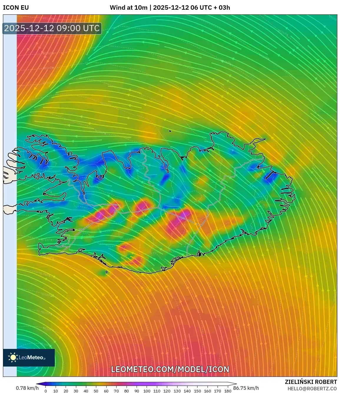 ICON model - Iceland, Angin 10 m
