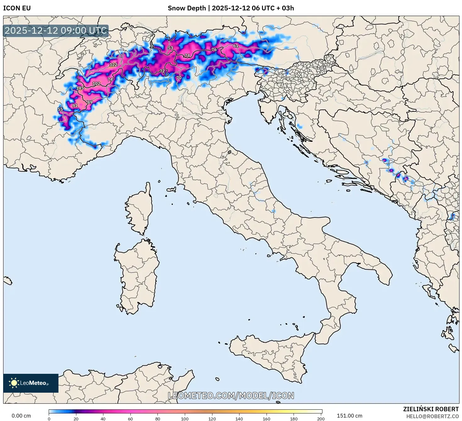 ICON model - Itali, Ketebalan Salji