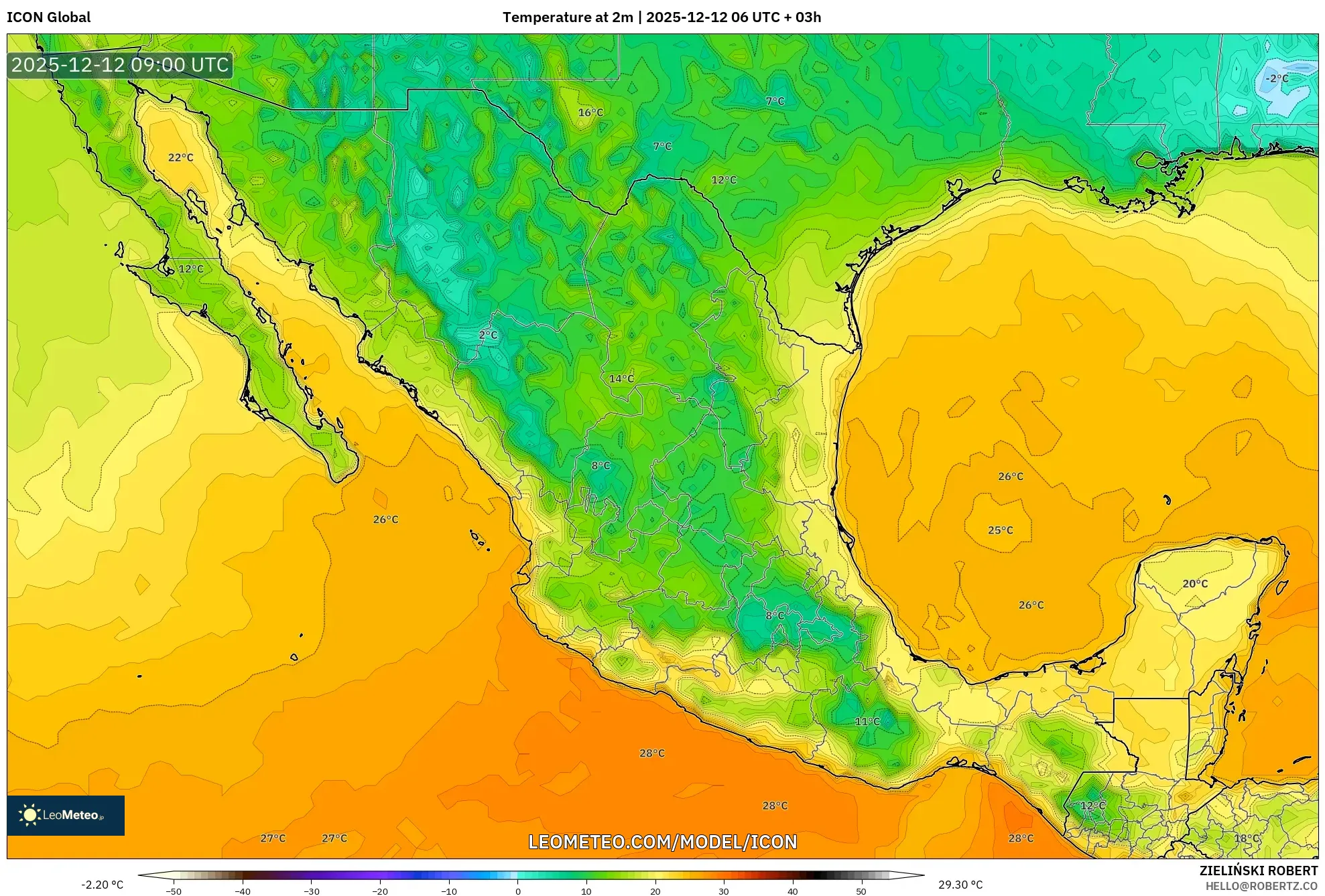 ICON model - Mexico, Suhu pada 2 m