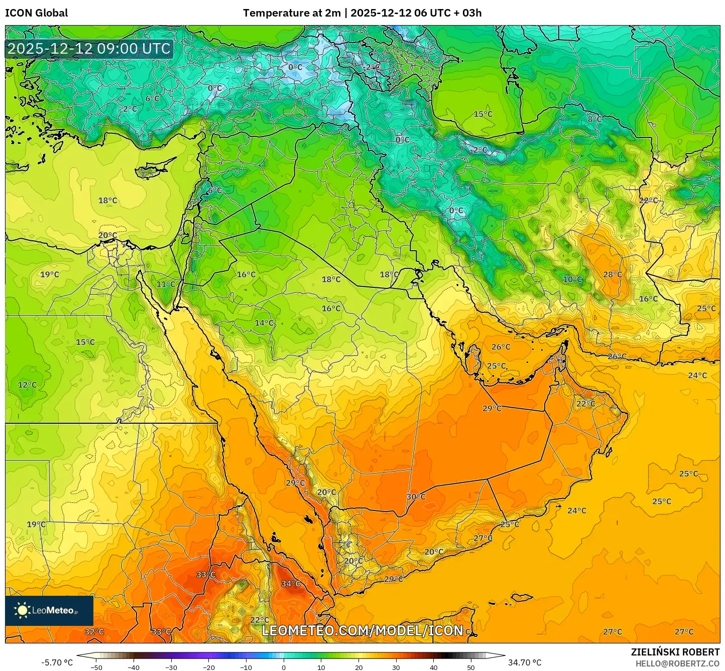 ICON model - Timur Tengah, Suhu pada 2 m