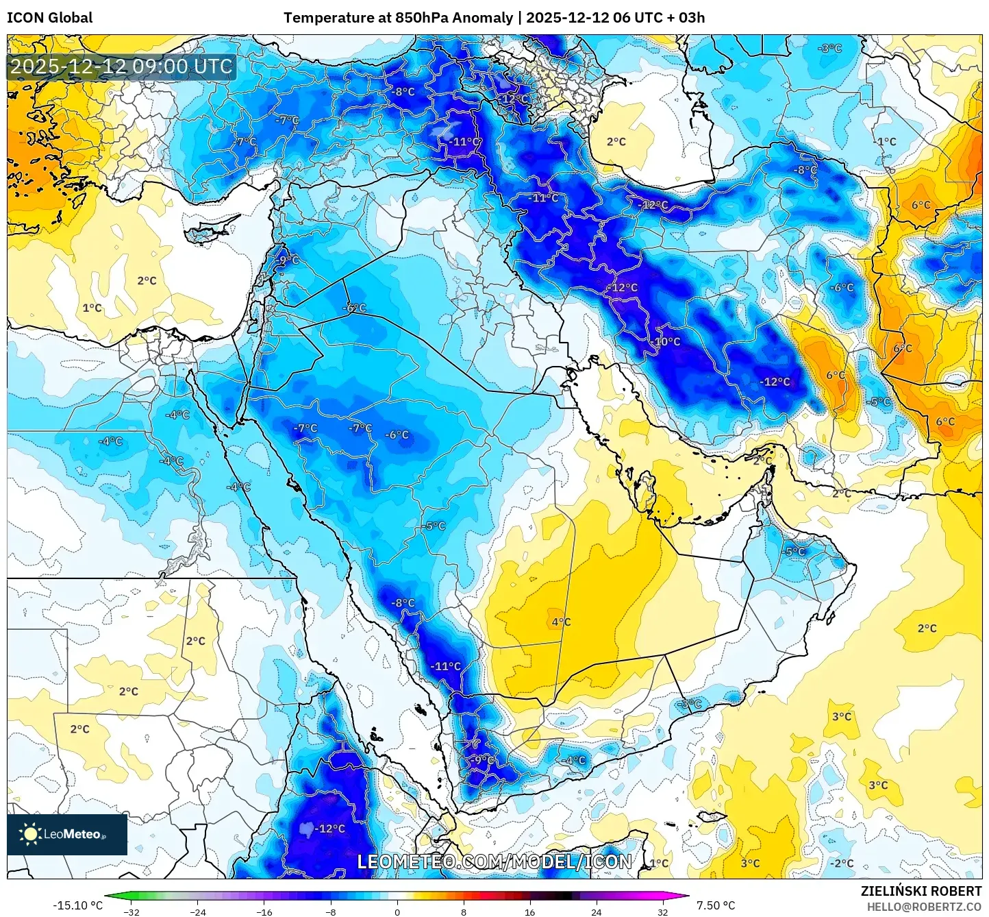ICON model - Timur Tengah, Anomali Suhu 850 hPa
