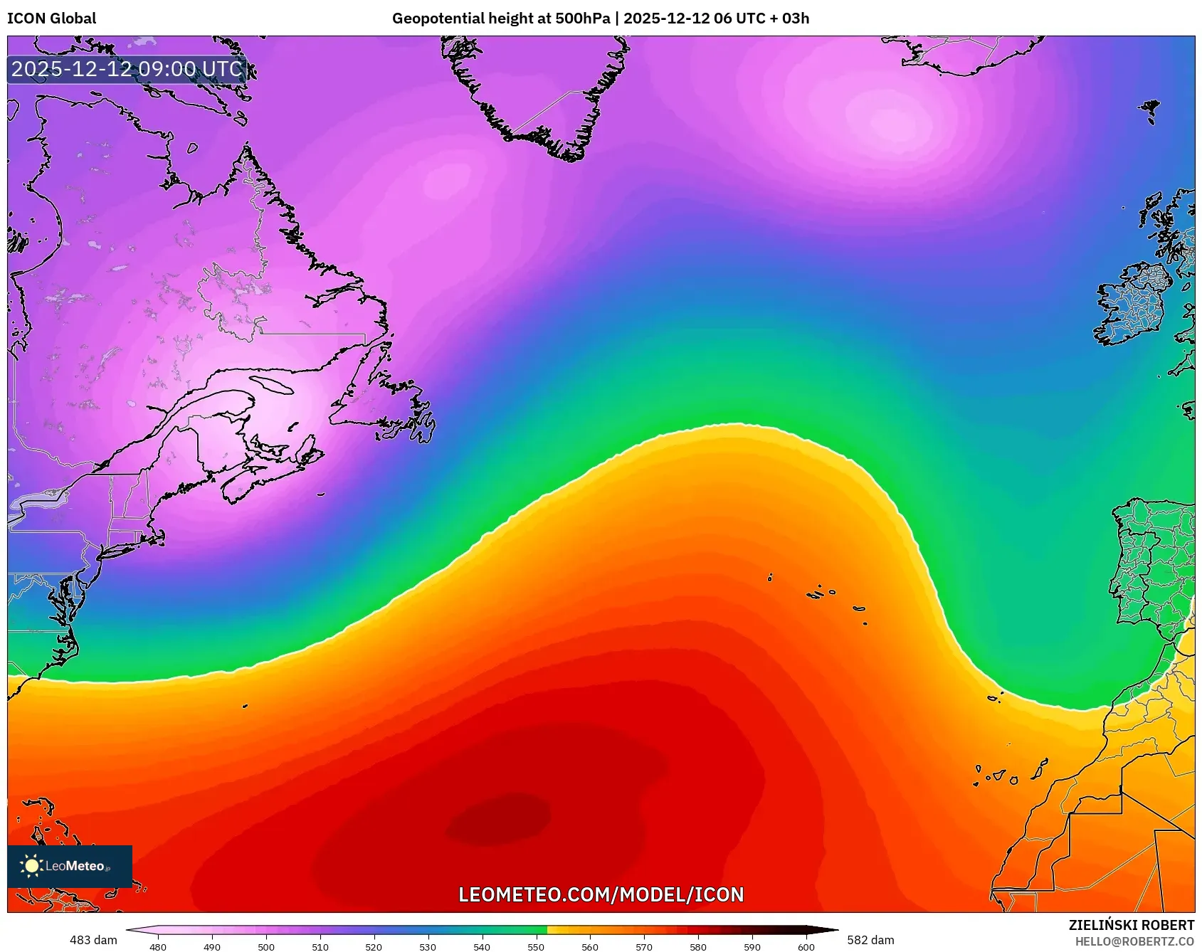 ICON model - Atlantik Utara, Ketinggian geopotensial pada 500 hPa