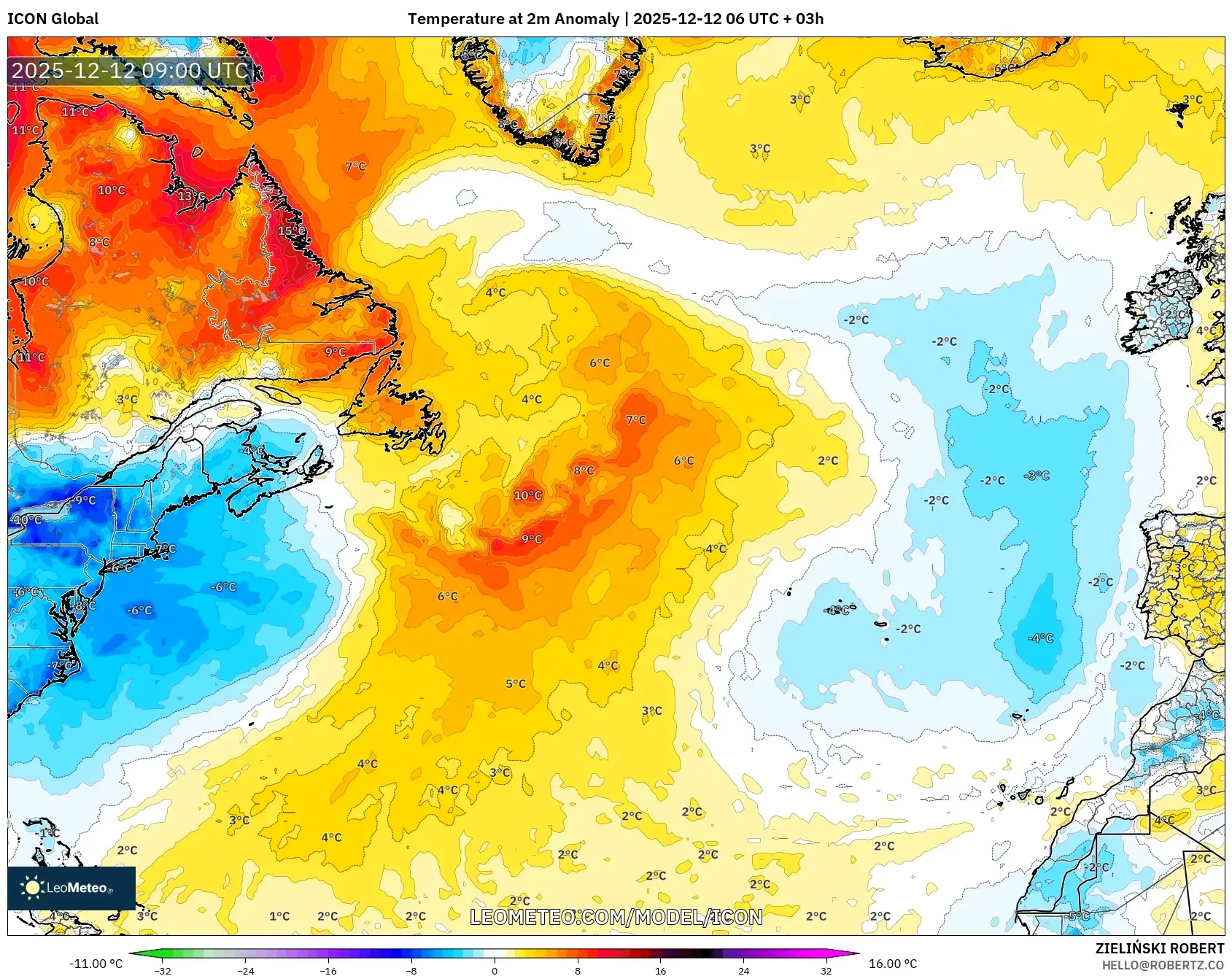 ICON model - Atlantik Utara, Anomali Suhu 2 m