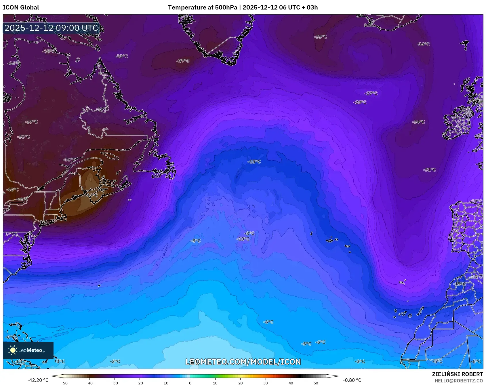 ICON model - Atlantik Utara, Suhu 500 hPa