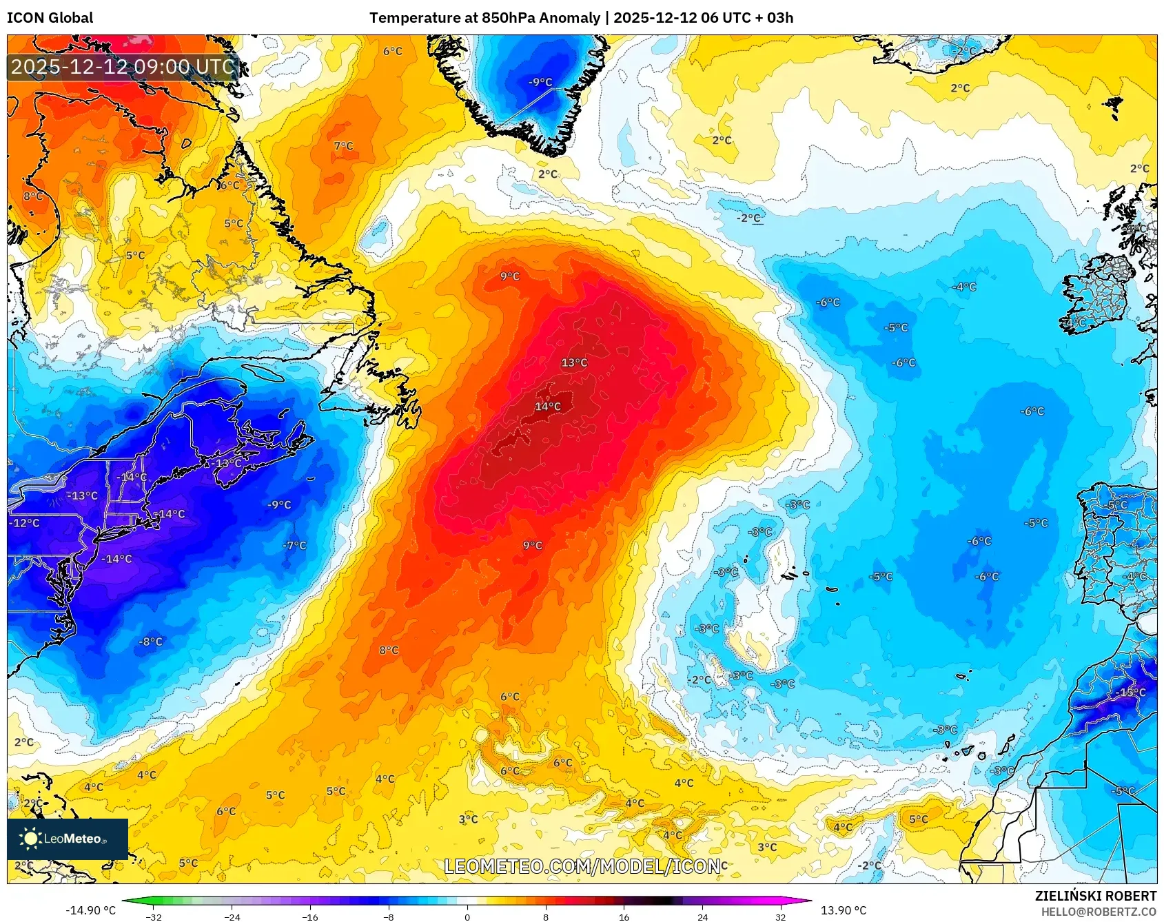 ICON model - Atlantik Utara, Anomali Suhu 850 hPa