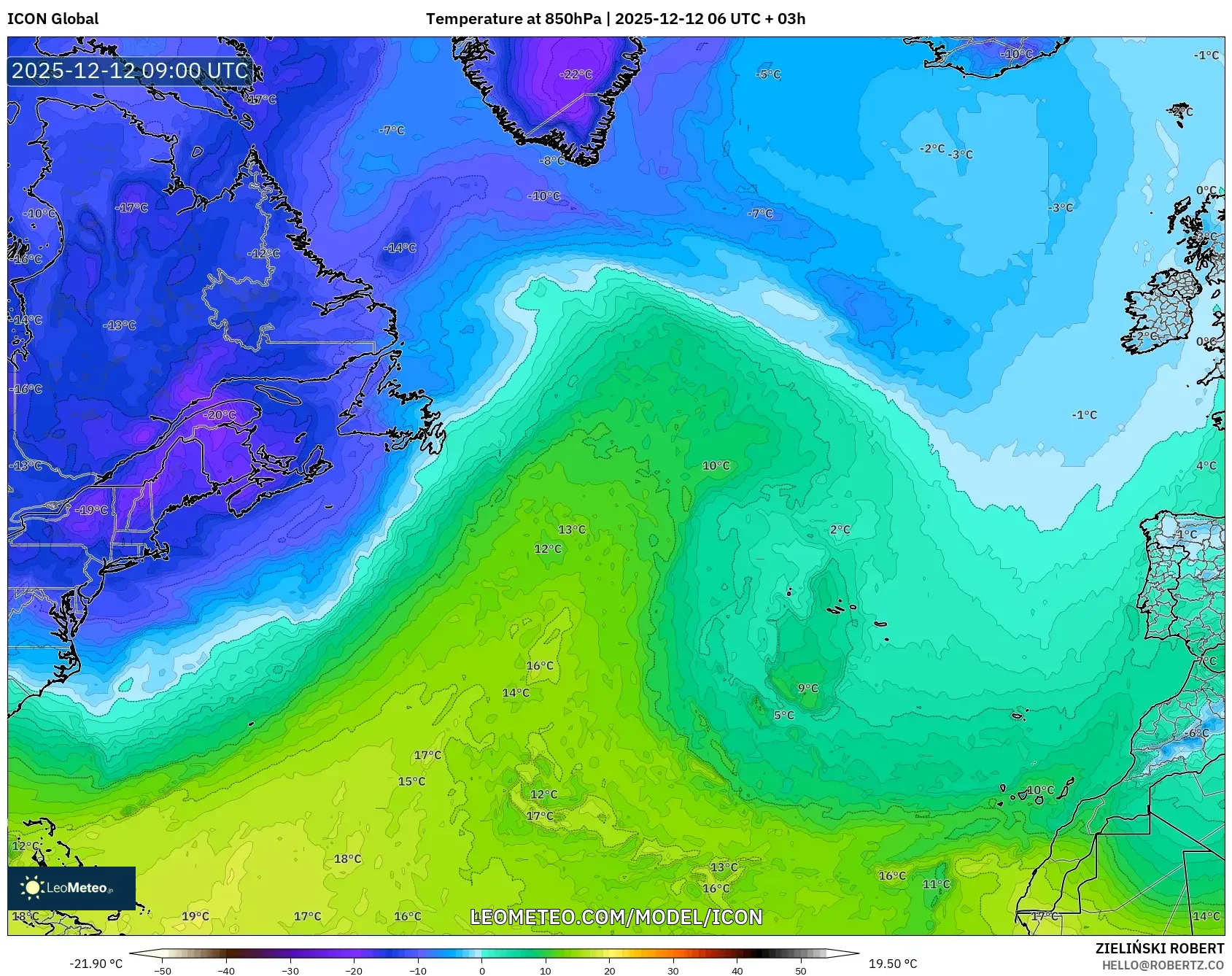 ICON model - Atlantik Utara, Suhu 850 hPa