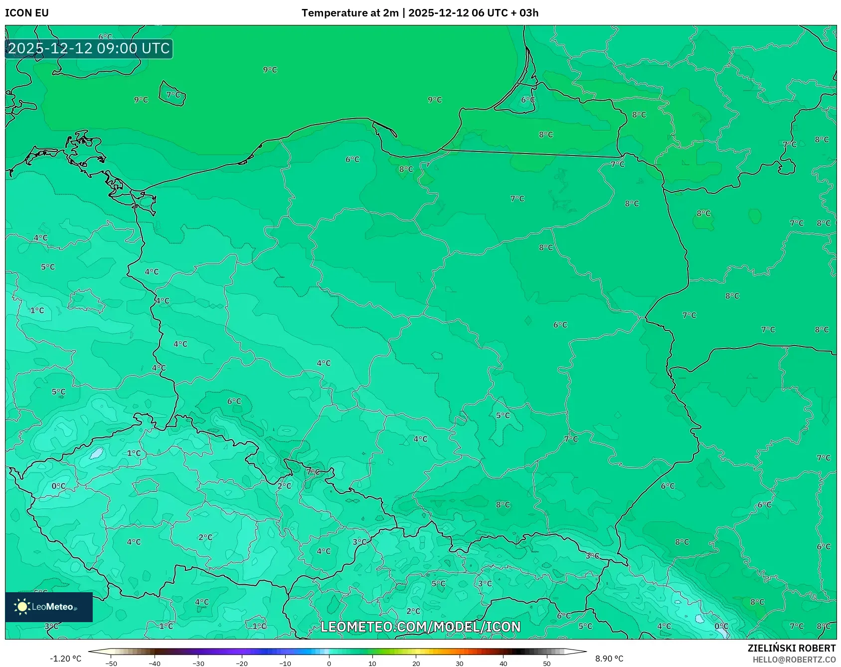 ICON model - Poland, Suhu pada 2 m