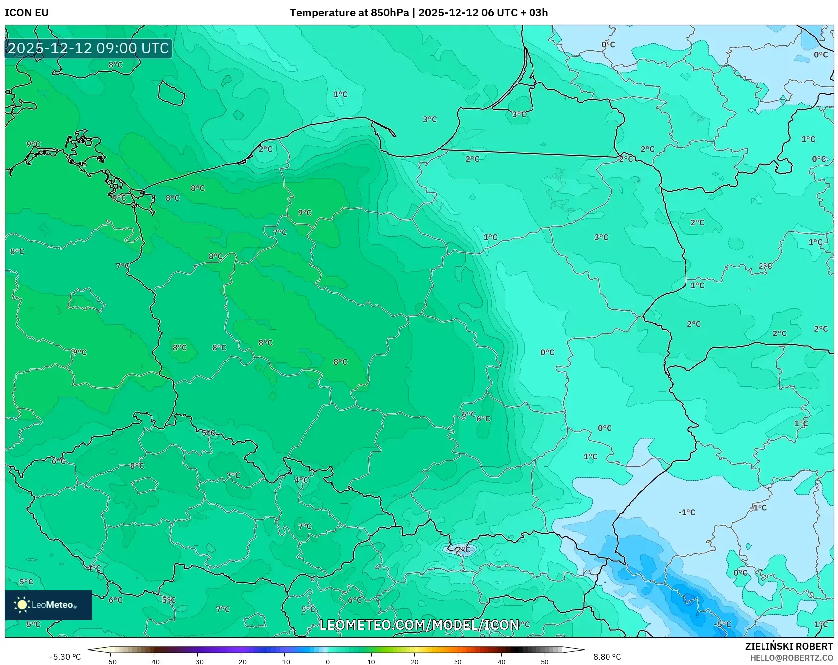 ICON model - Poland, Suhu 850 hPa