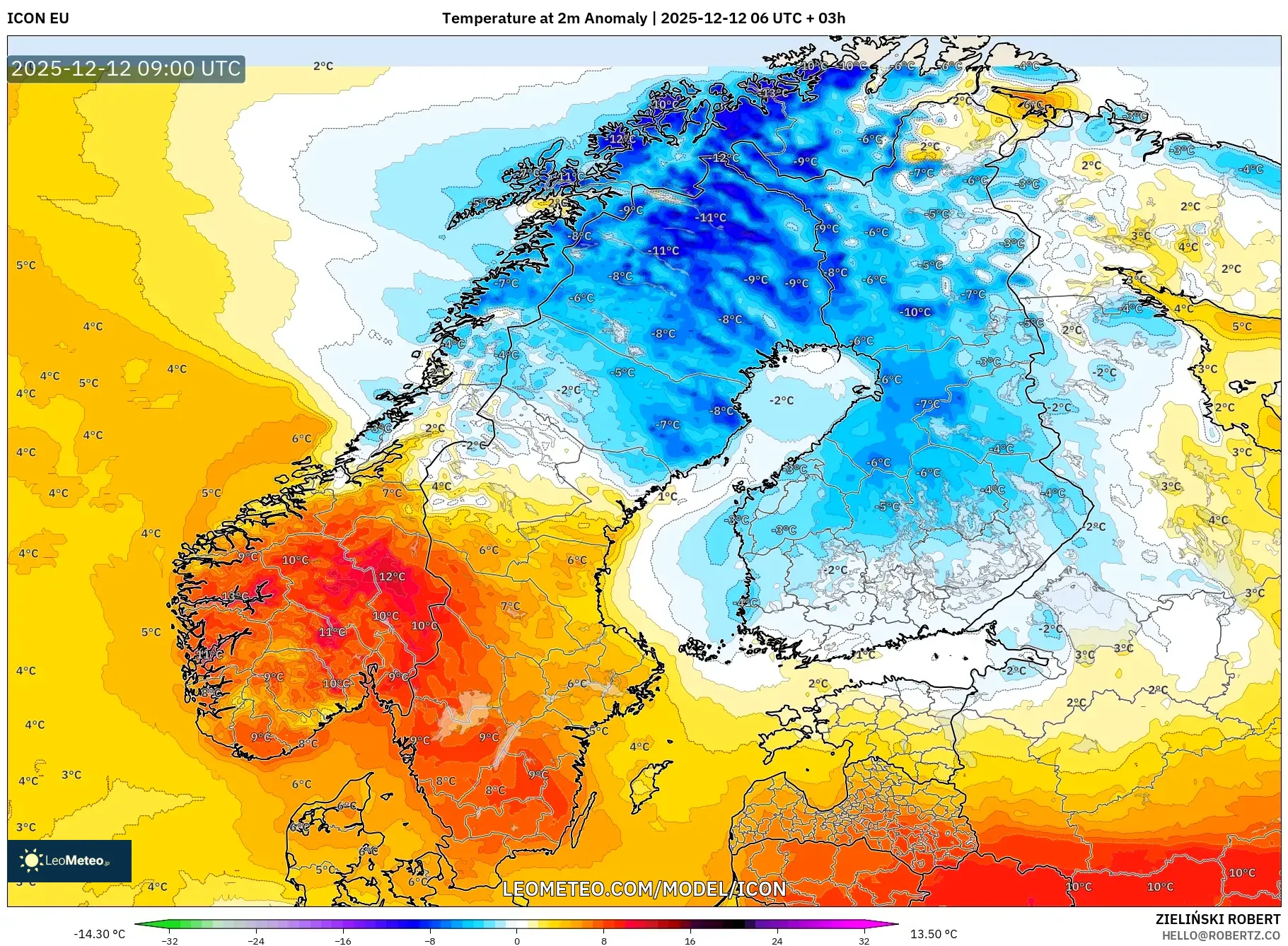 ICON model - Skandinavia, Anomali Suhu 2 m
