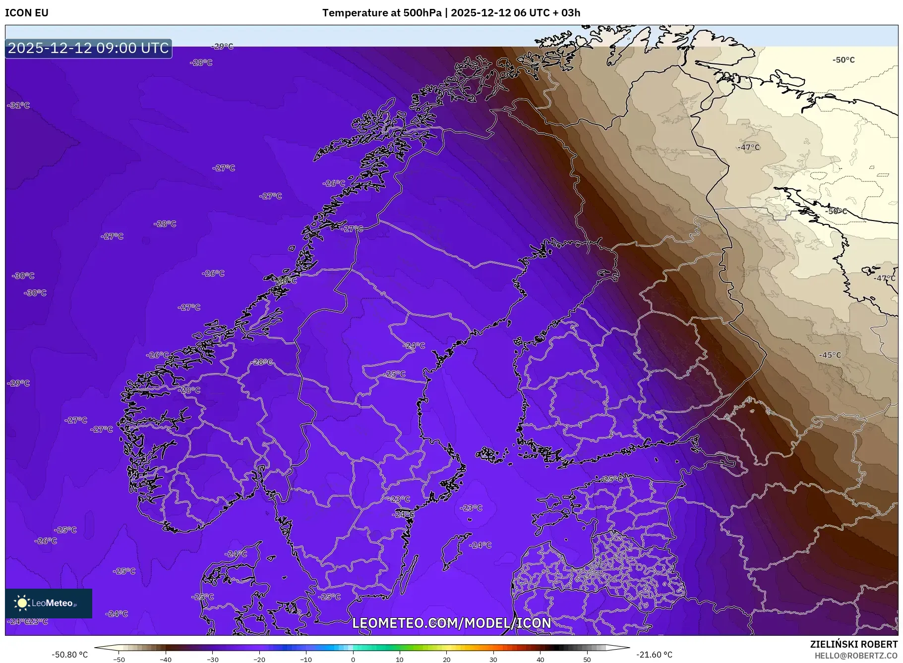 ICON model - Skandinavia, Suhu 500 hPa