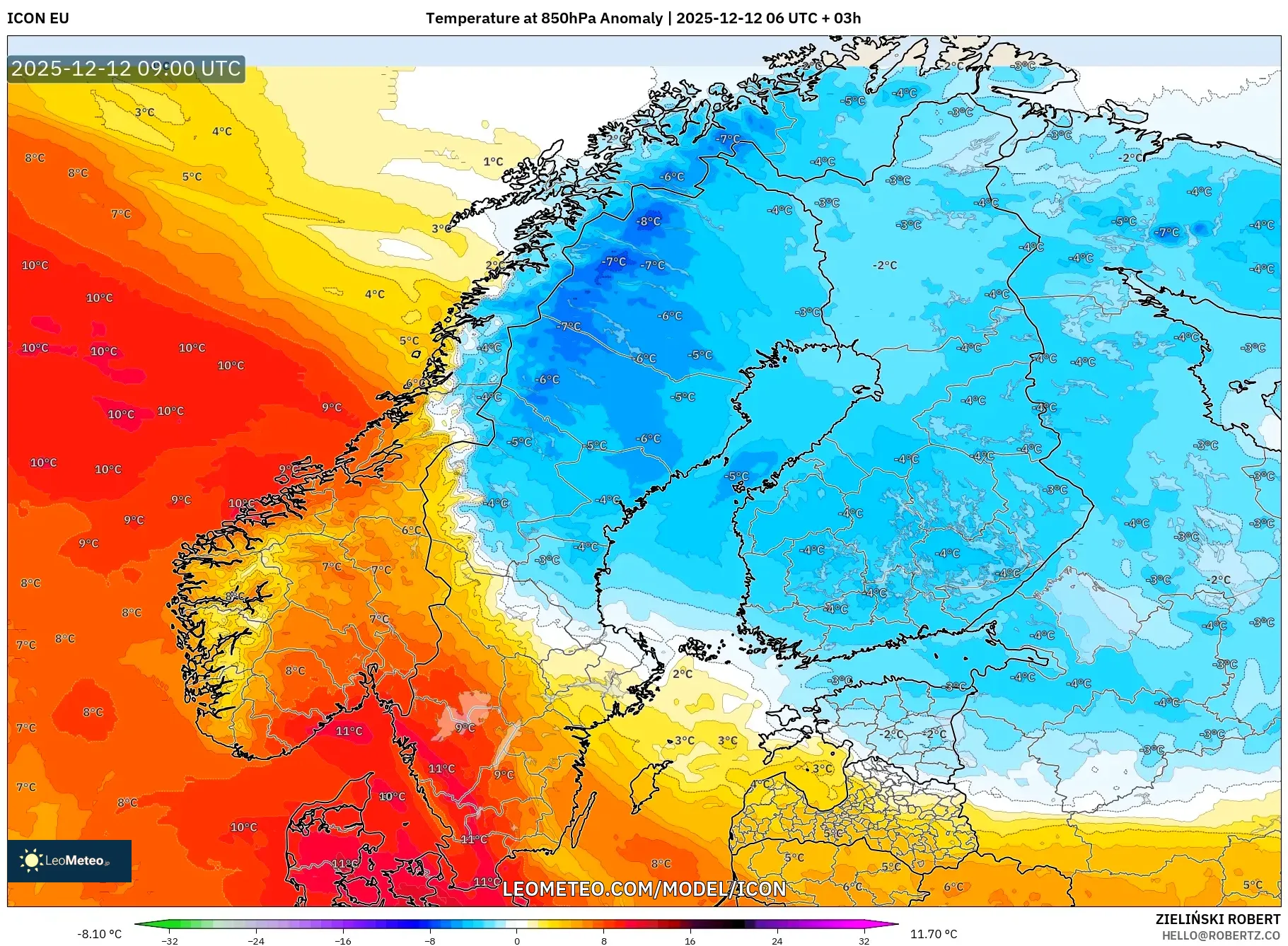 ICON model - Skandinavia, Anomali Suhu 850 hPa