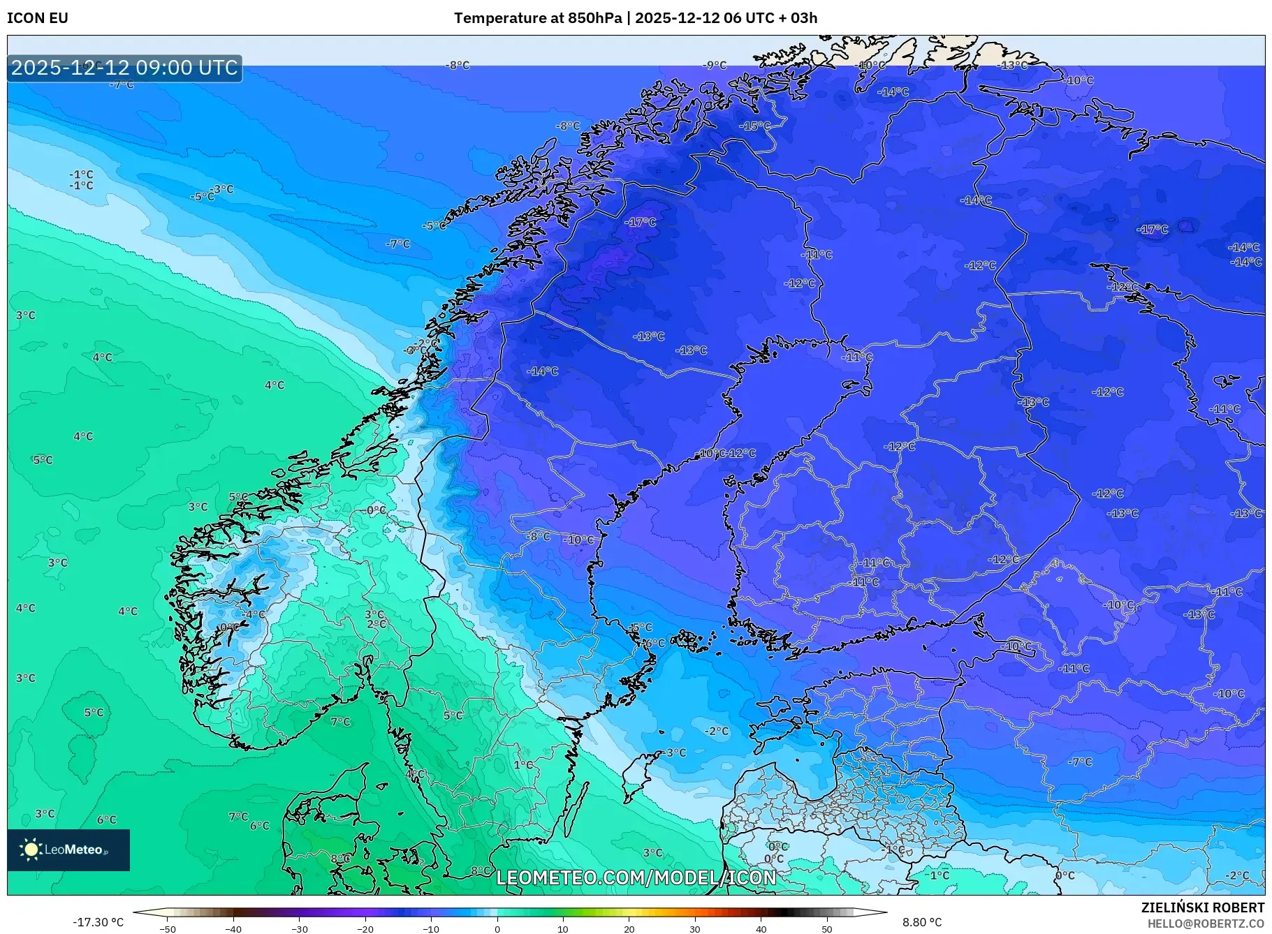 ICON model - Skandinavia, Suhu 850 hPa