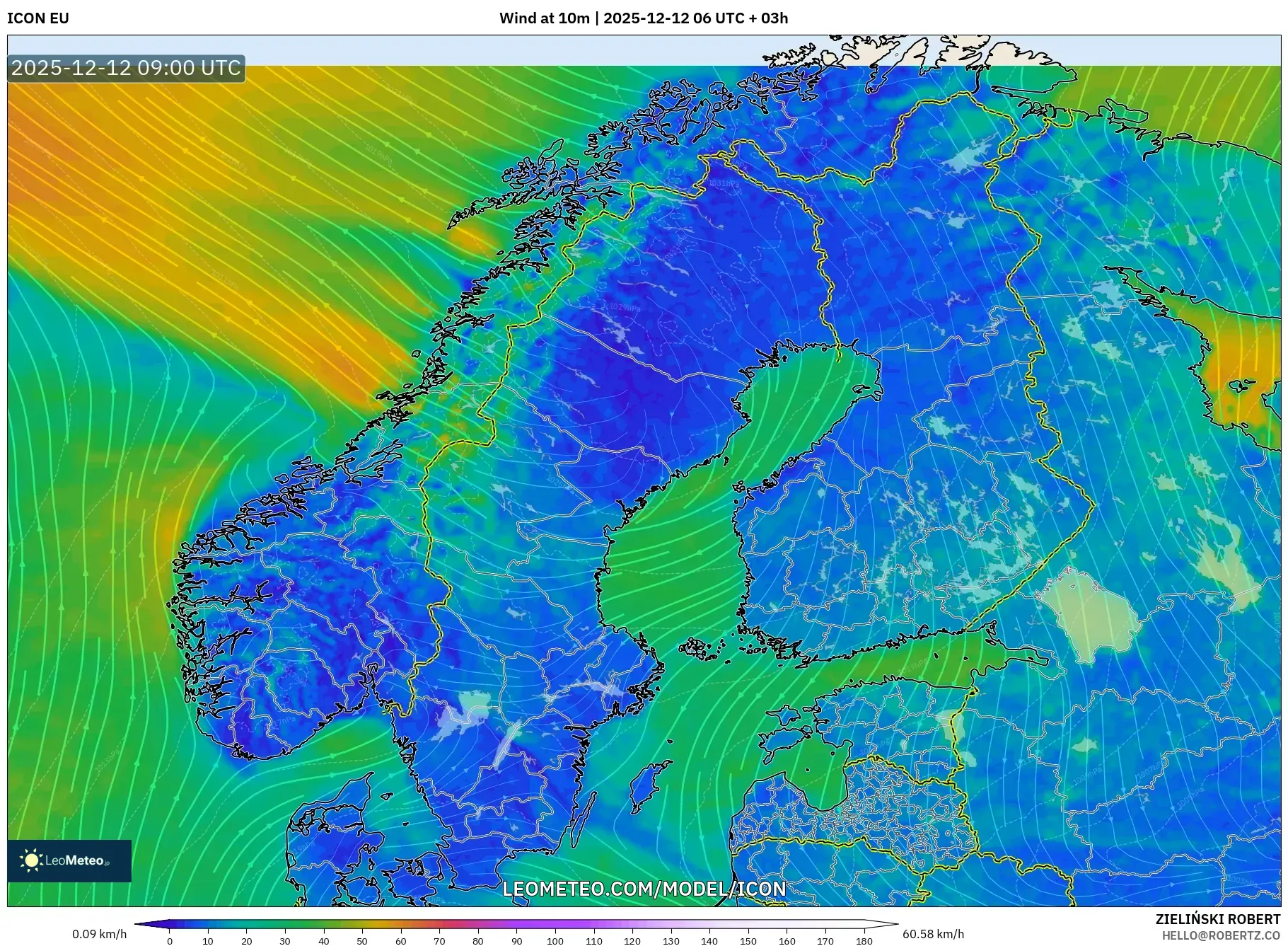 ICON model - Skandinavia, Angin 10 m