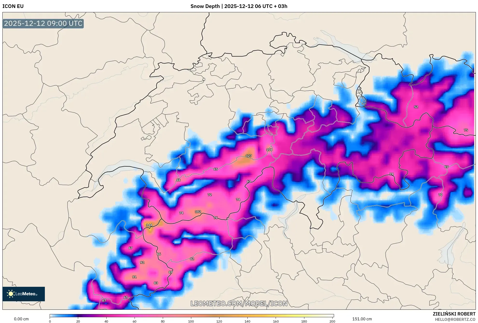 ICON model - Switzerland, Ketebalan Salji
