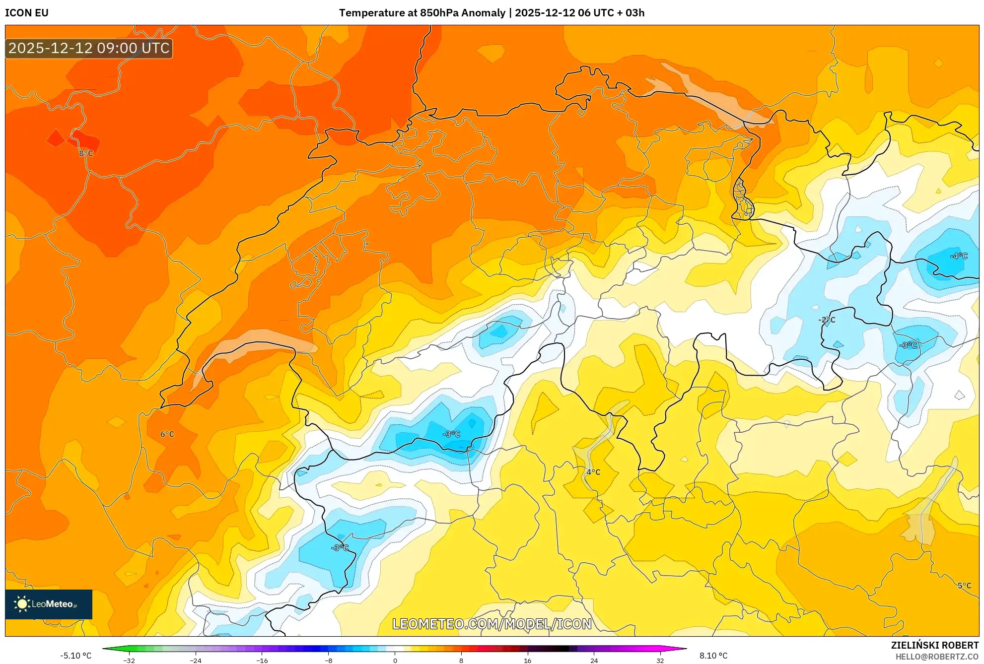 ICON model - Switzerland, Anomali Suhu 850 hPa