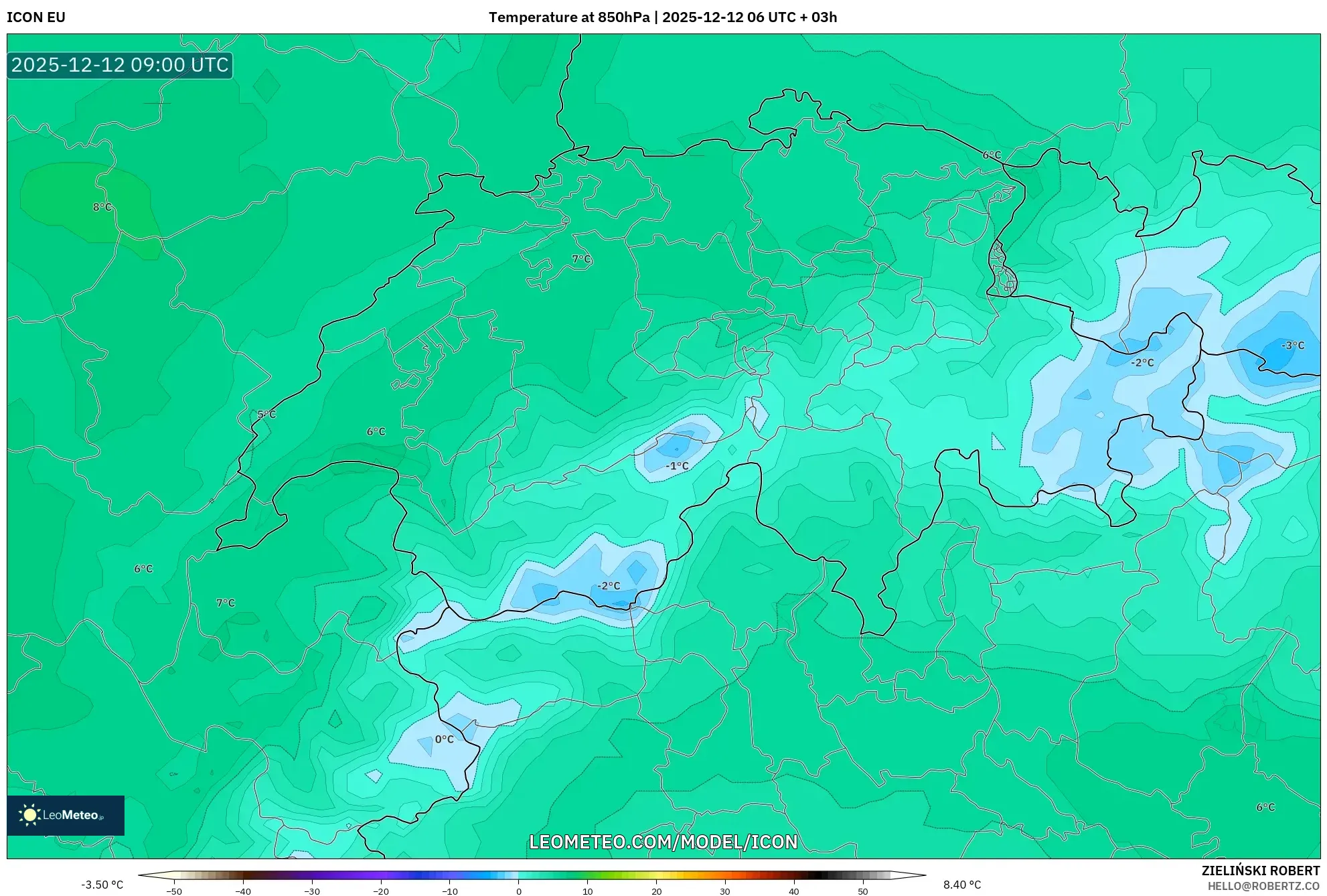 ICON model - Switzerland, Suhu 850 hPa
