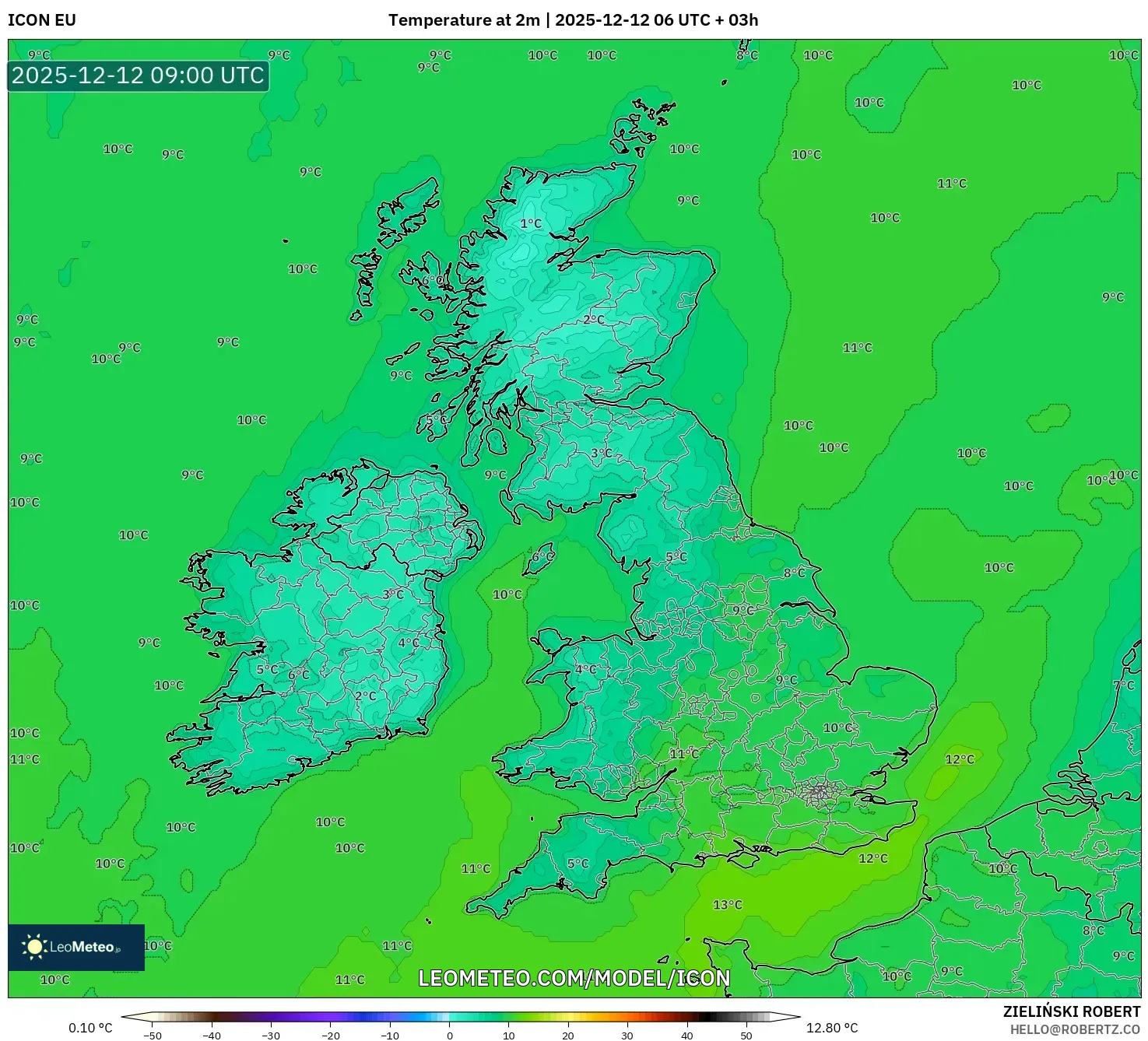 ICON model - United Kingdom, Suhu pada 2 m