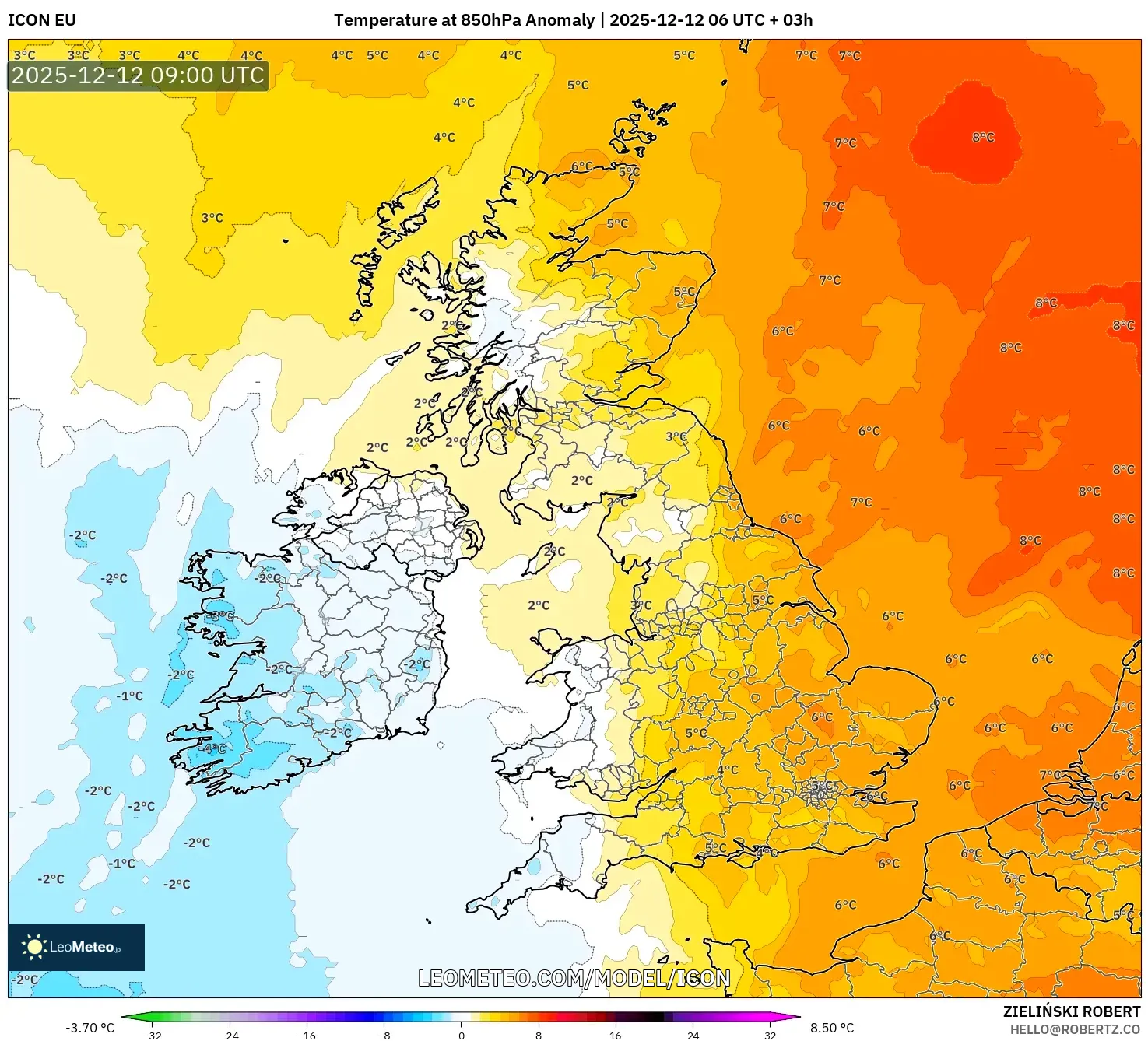 ICON model - United Kingdom, Anomali Suhu 850 hPa