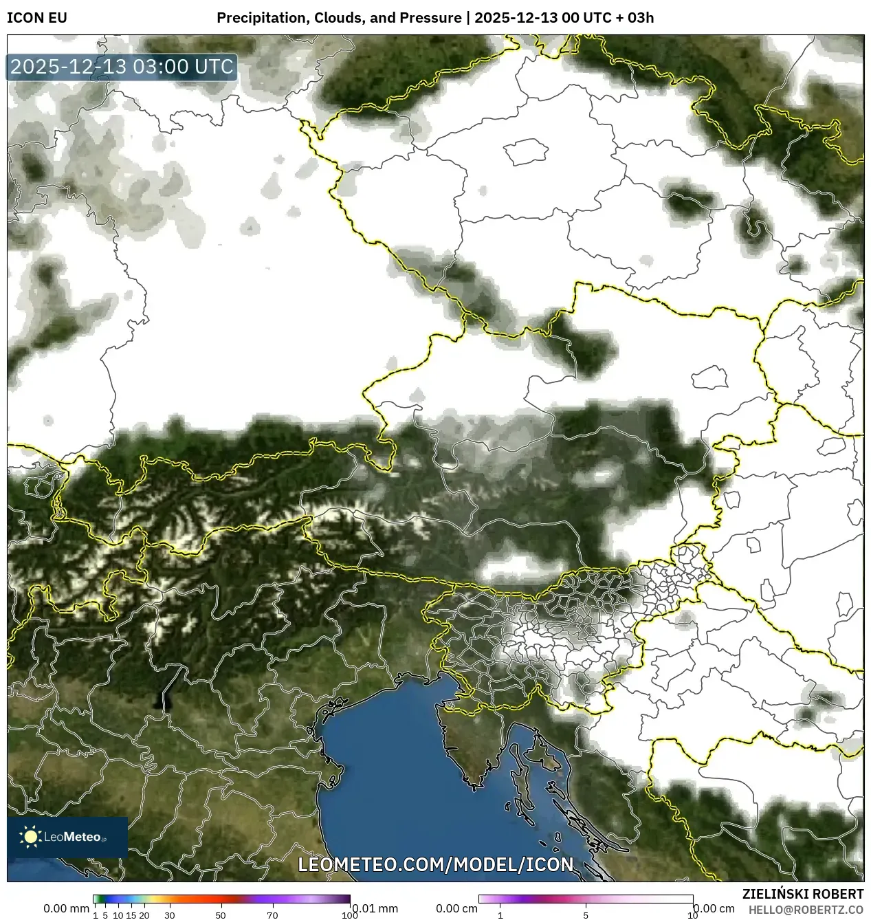 ICON model - Austria, Precipitation, Clouds, and Pressure