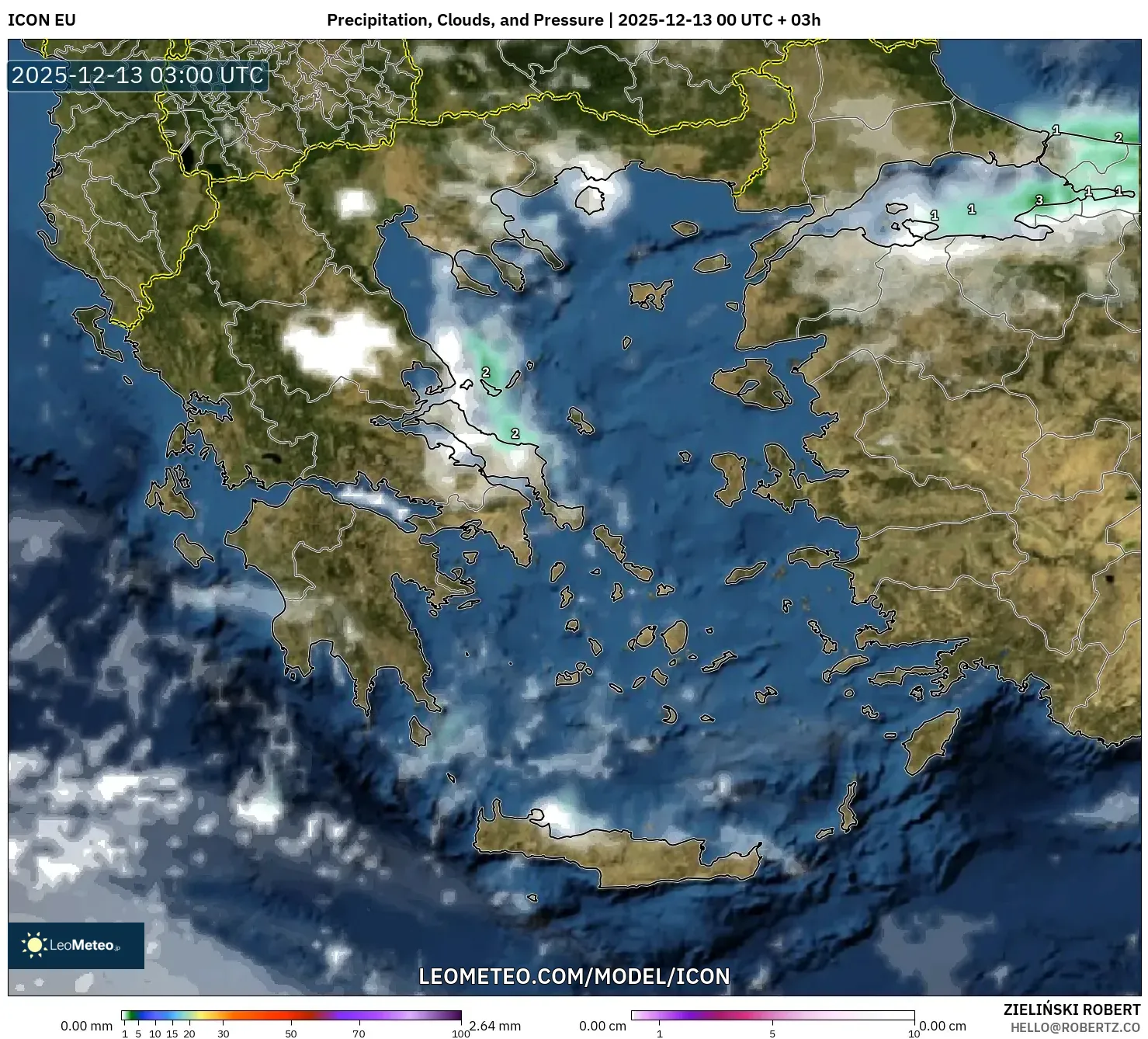ICON model - Greece, Precipitation, Clouds, and Pressure