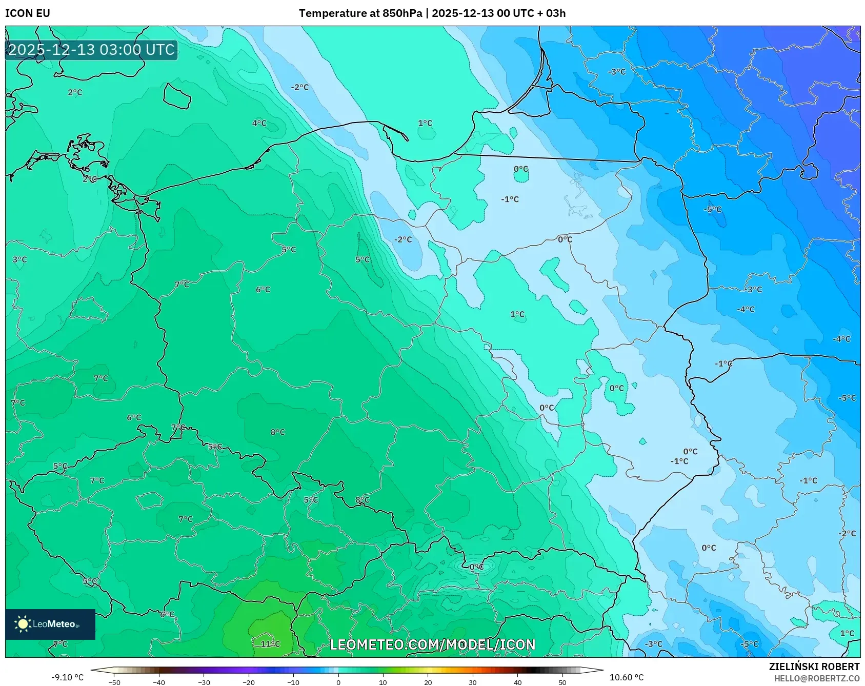 ICON model - Poland, Temperature at 850hPa