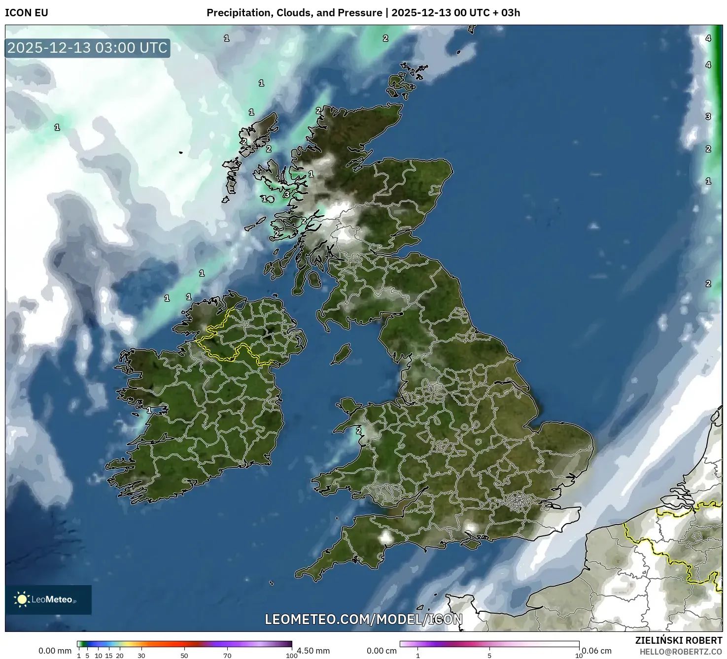 ICON model - United Kingdom, Precipitation, Clouds, and Pressure