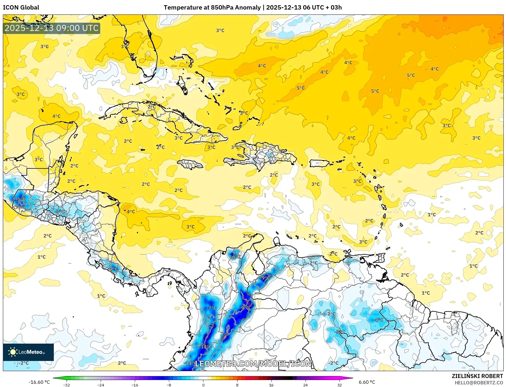 ICON model - Karibia, Anomali Suhu 850 hPa