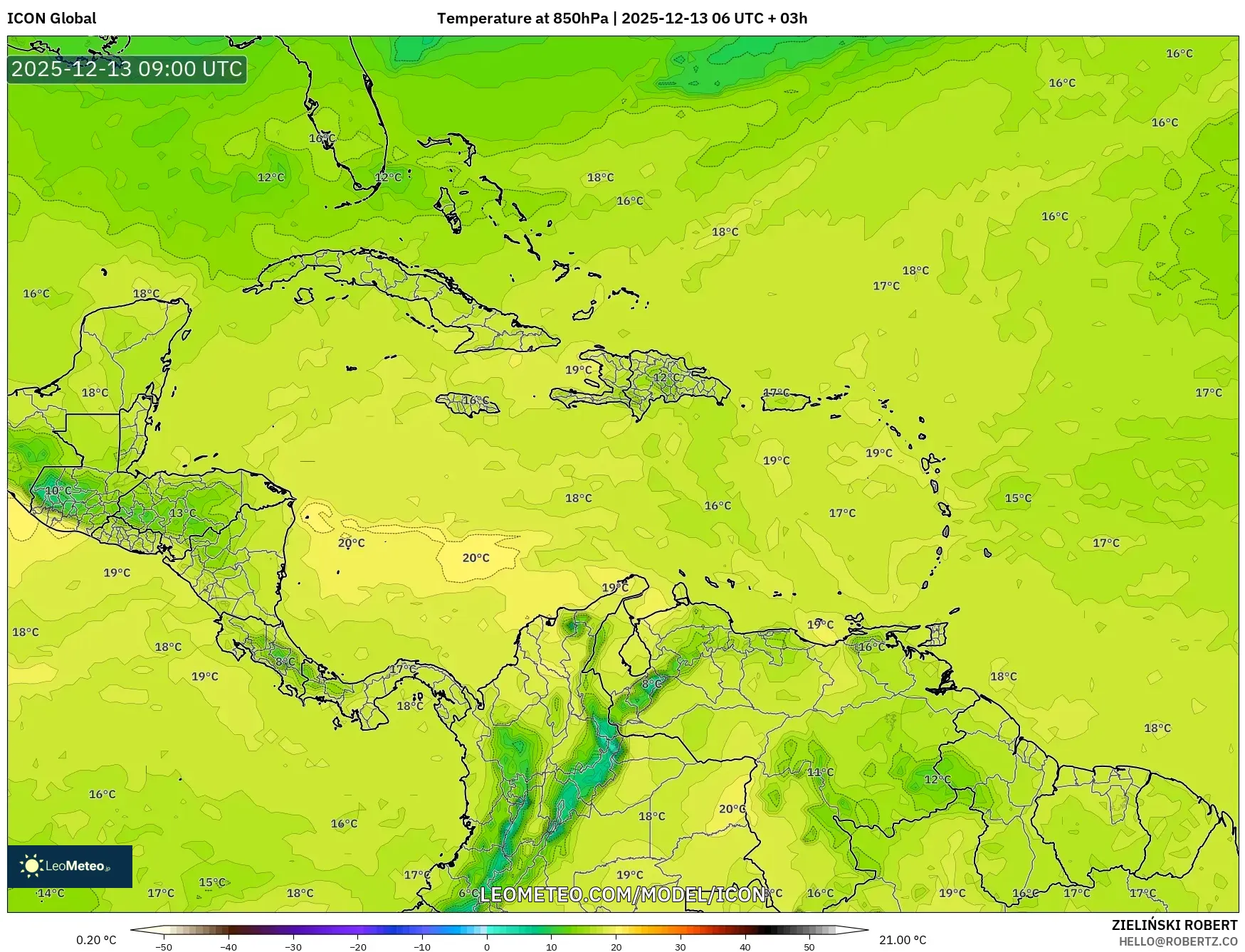 ICON model - Karibia, Suhu 850 hPa
